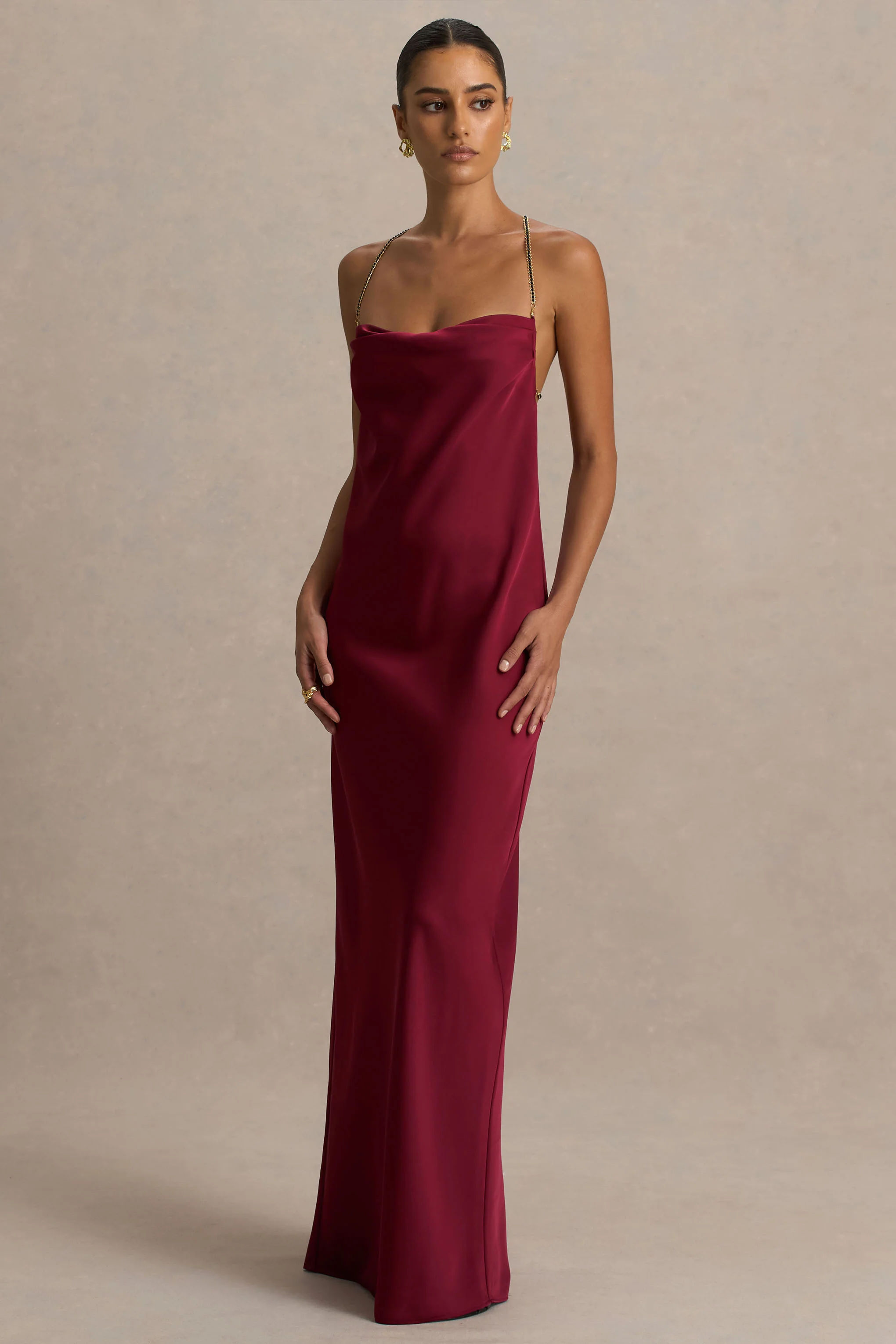Cher | Burgundy Satin Square-Neck Maxi Dress With Embellished-Detailed Open-Back