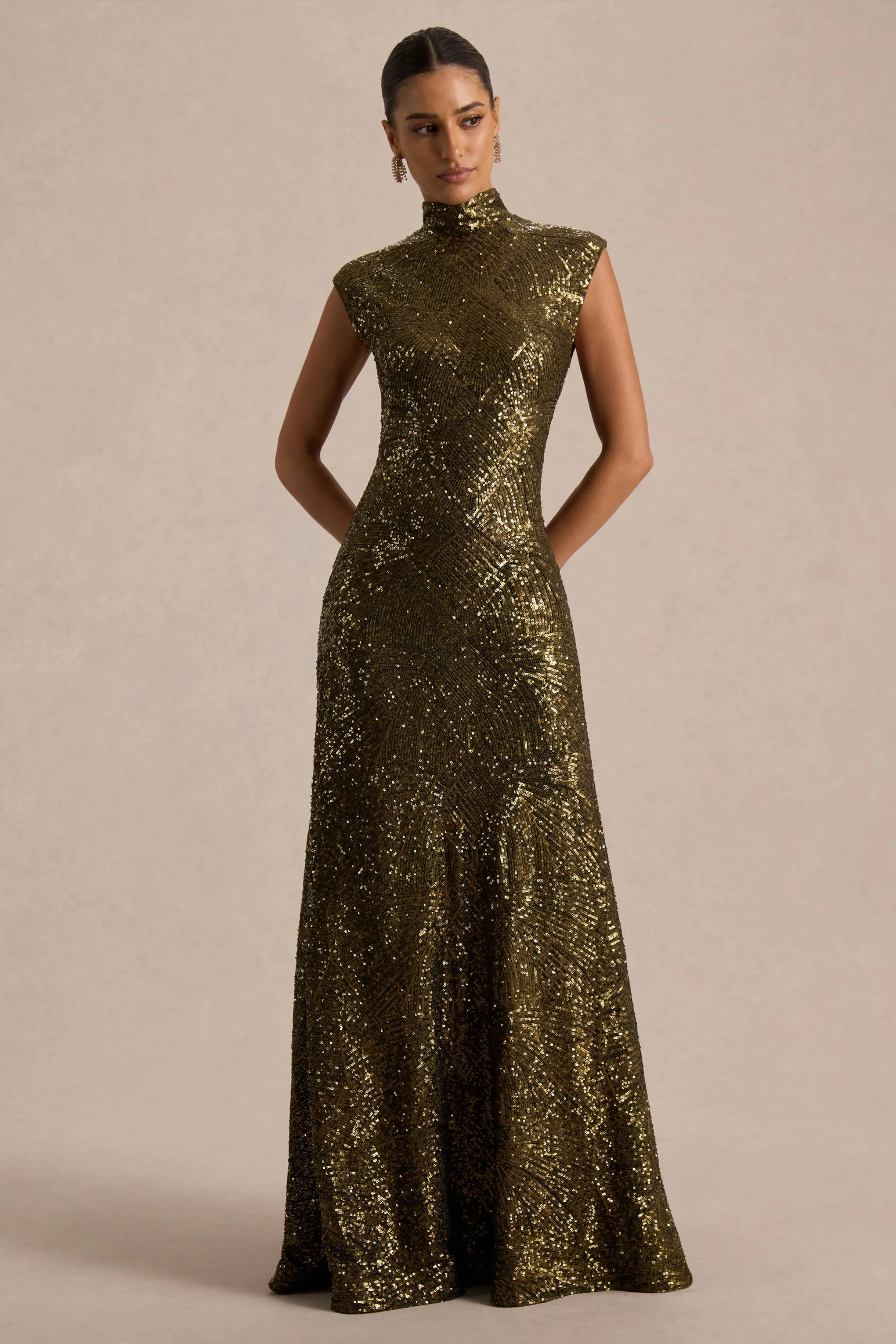 Cecy | Khaki Sequin High-Neck Maxi Dress With Cap Sleeves