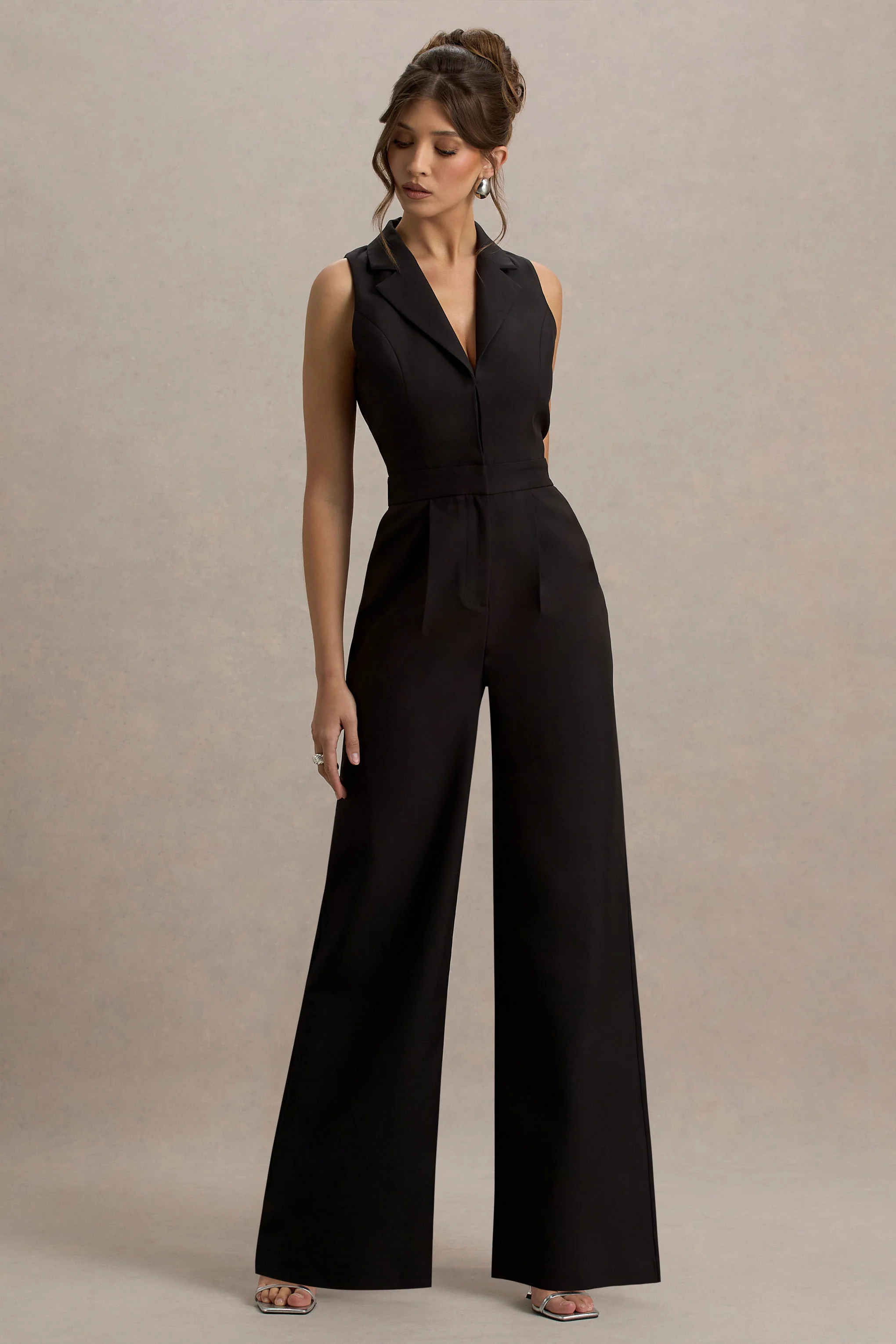 Trixie | Black Plunge-Neck Tailored Jumpsuit
