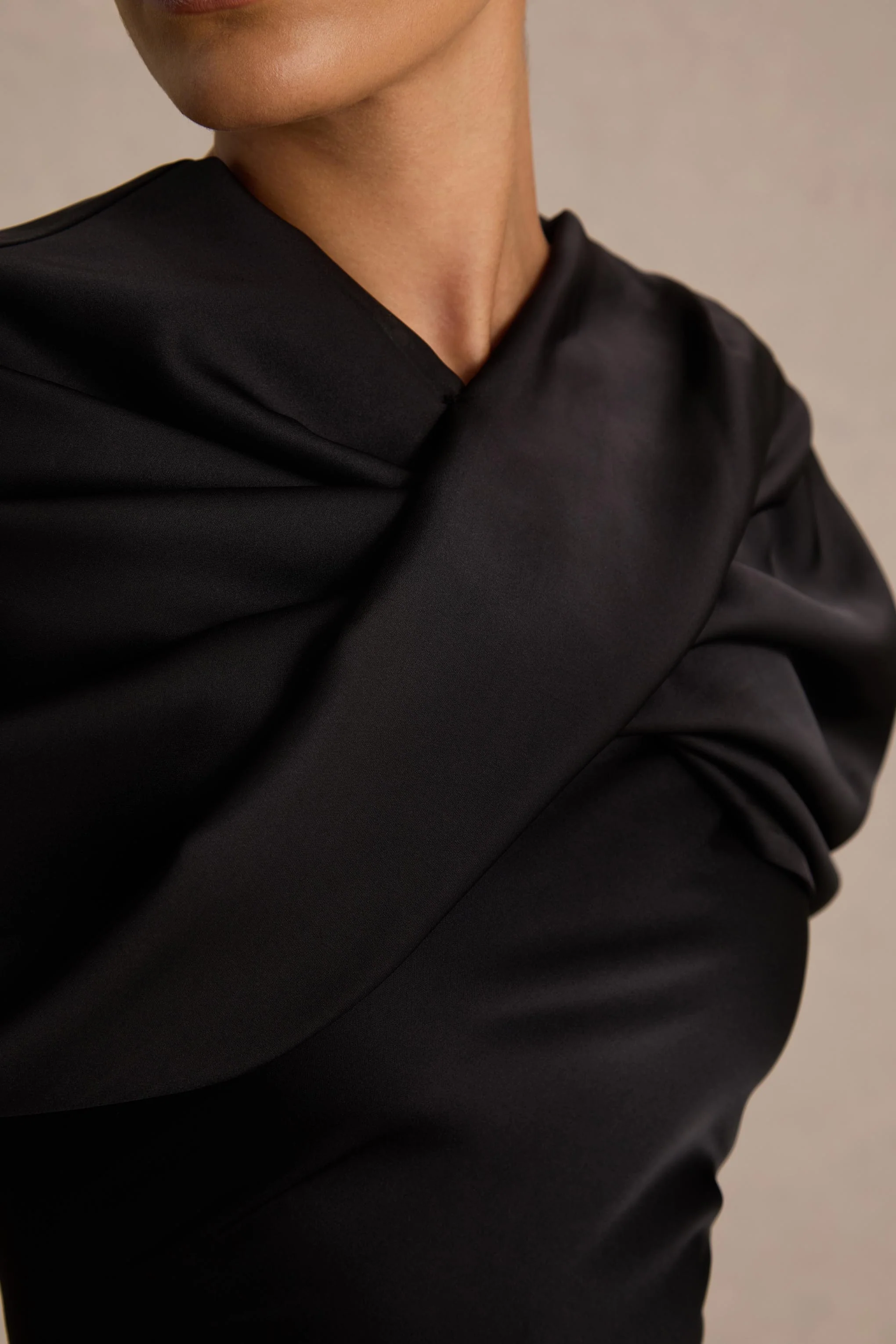 Yoli | Black Satin Maxi Dress With Twist-Cape