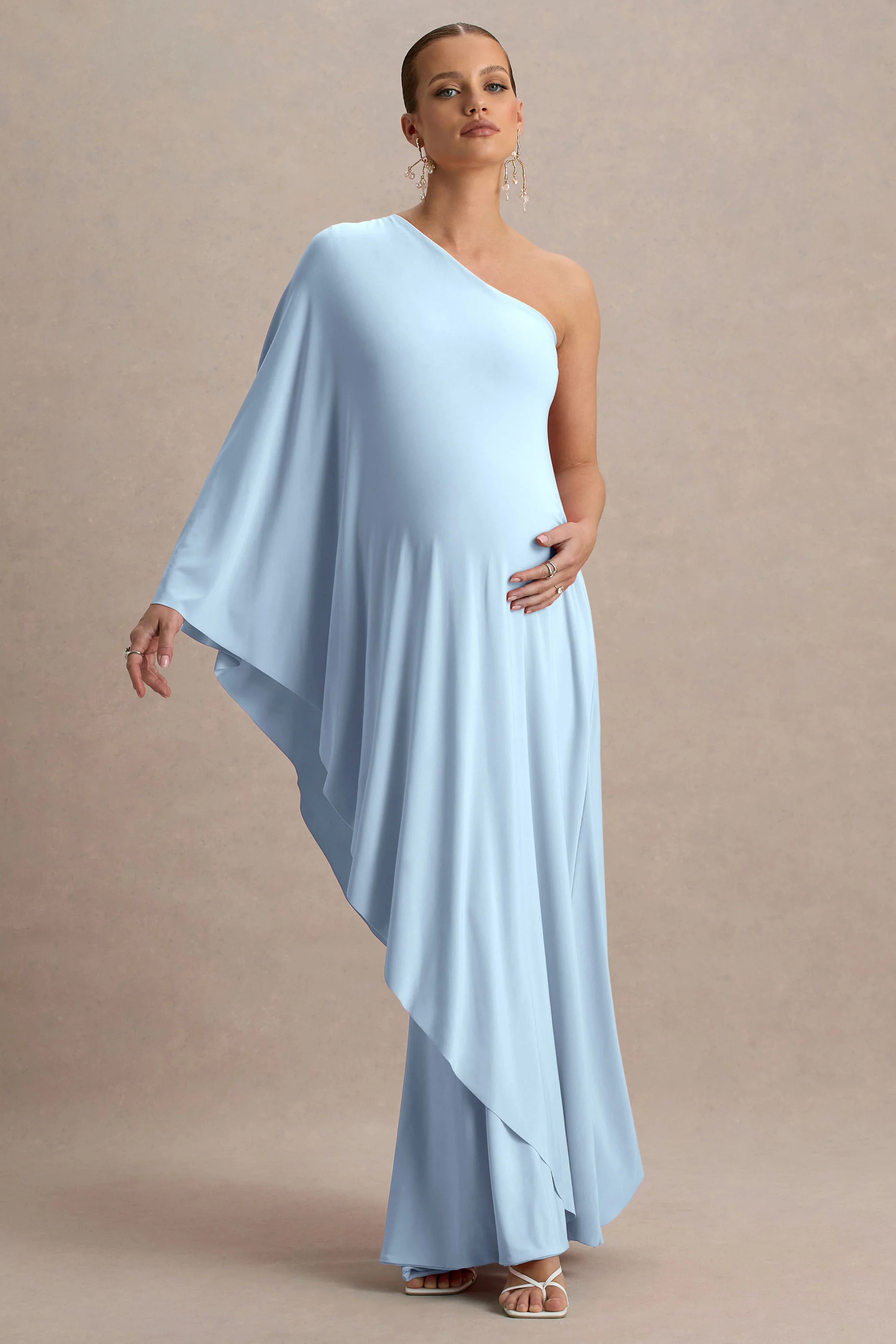 Waves | Powder Blue Asymmetric Maternity Maxi Dress With One-Sleeve Cape