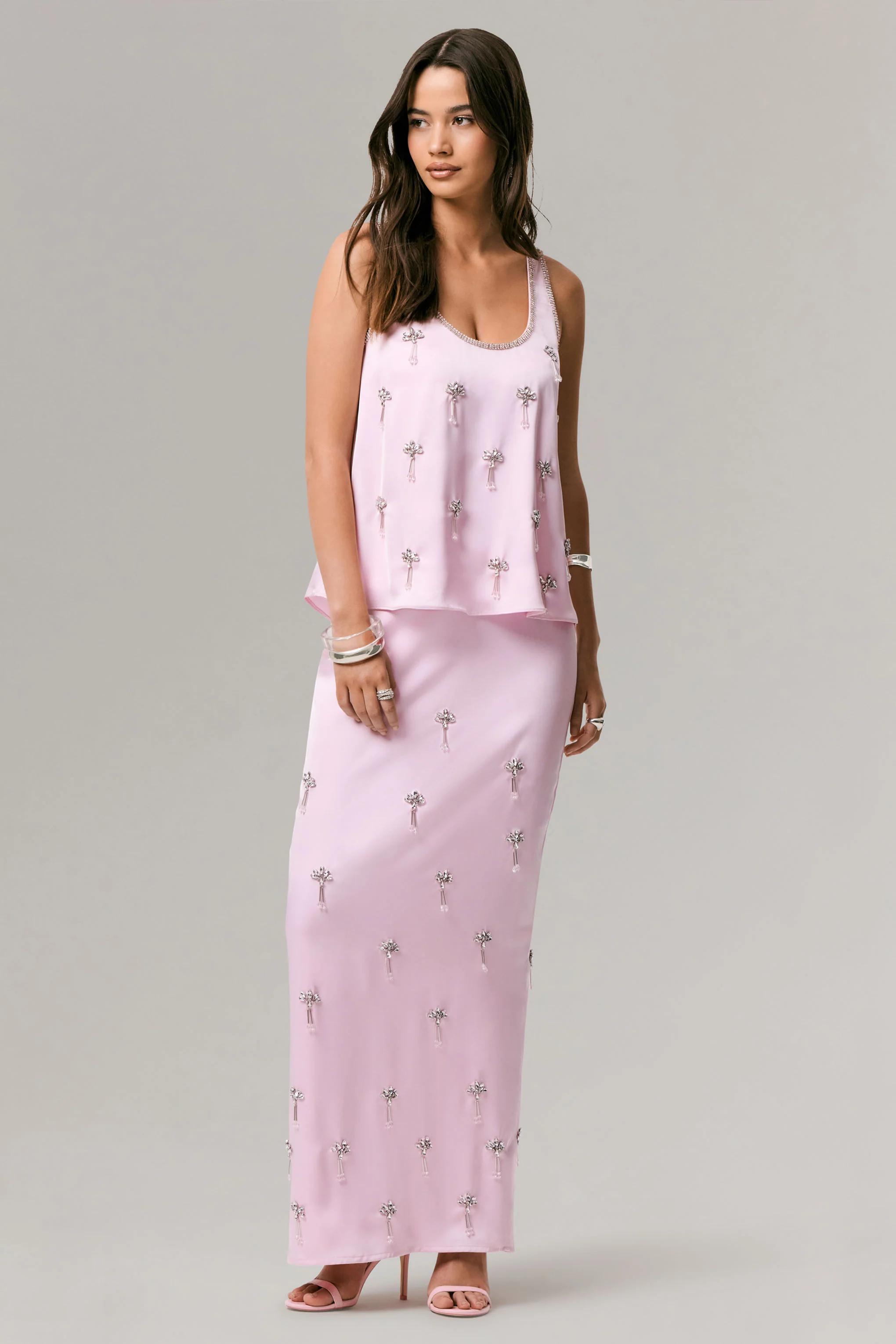 Lena | Pink Satin Embellished Maxi Skirt