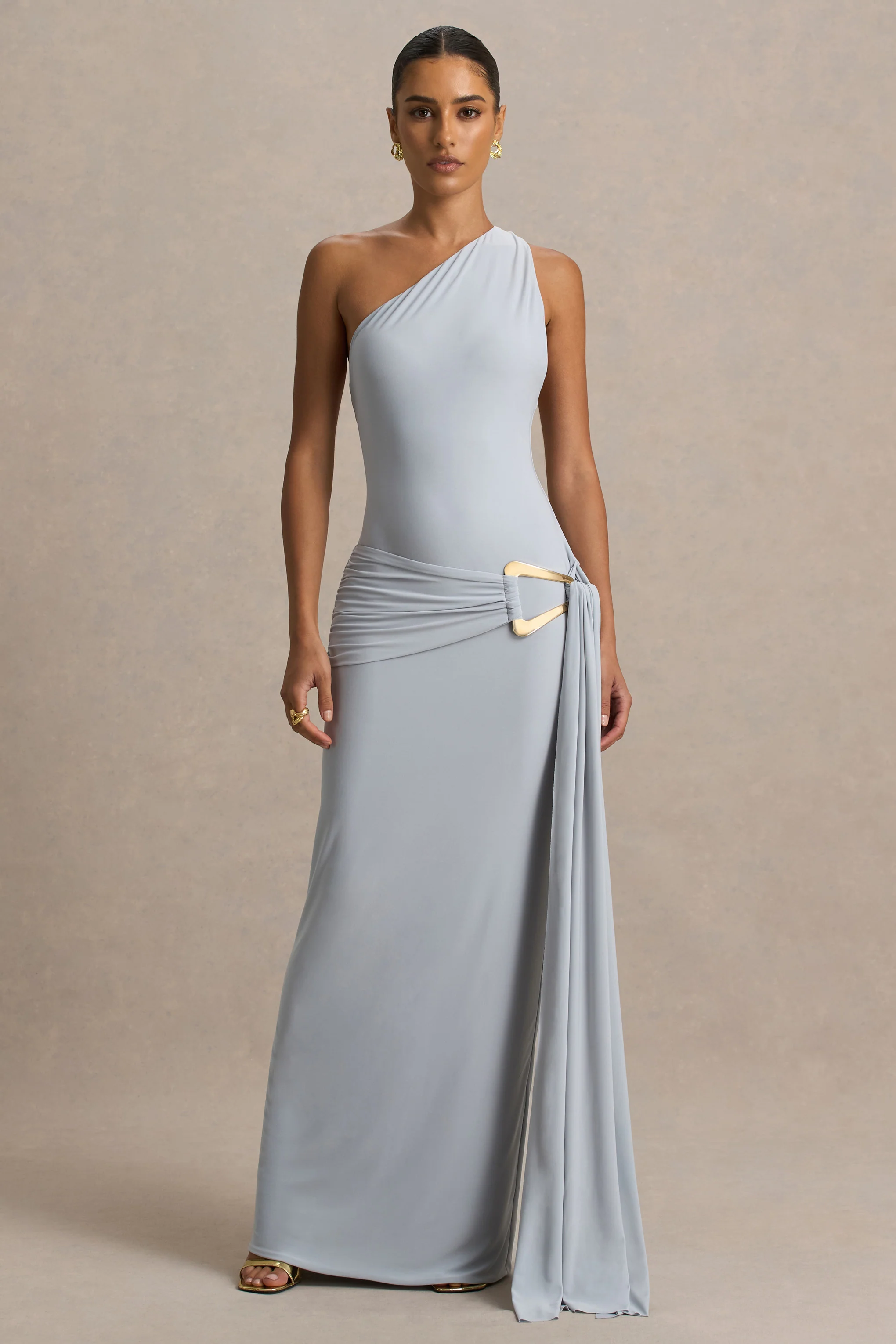 Bonnie | Blue Asymmetric-Neck Maxi Dress With Ruched-Detailing