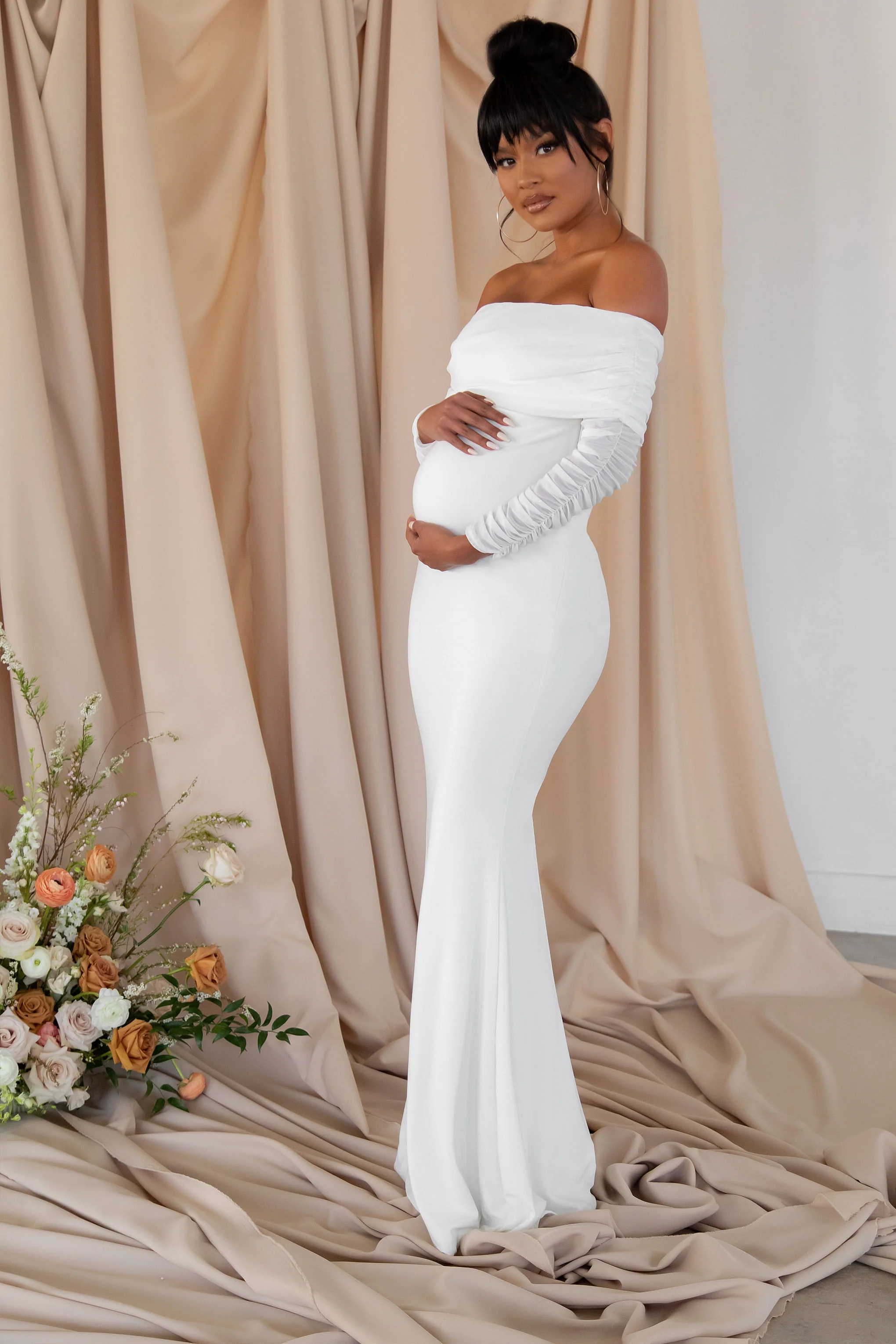 Pretty Perfect | White Maternity Ruched Mesh Bardot Maxi Dress