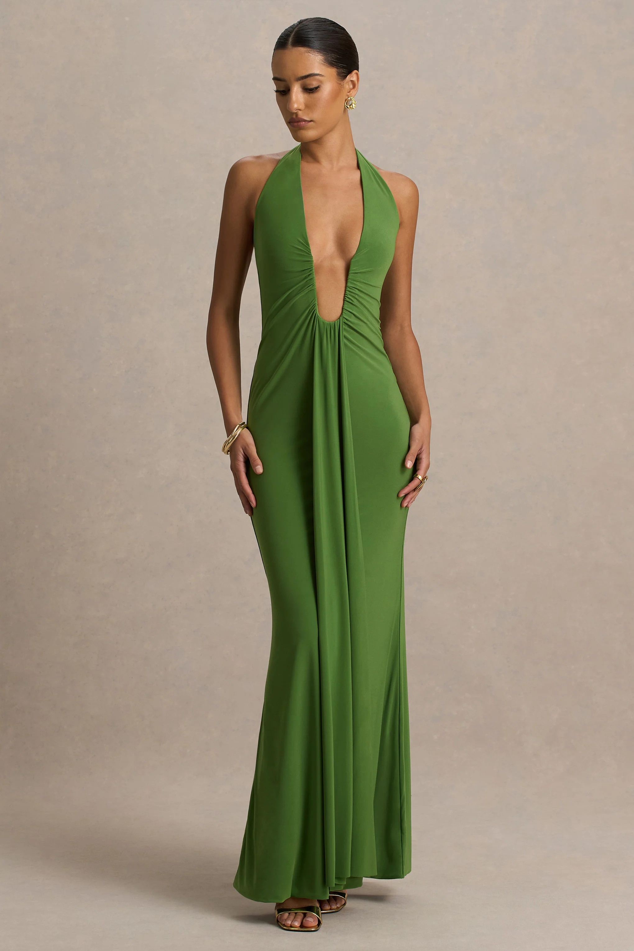 Hera | Green Extreme Plunge Maxi Dress With Ruched Detail