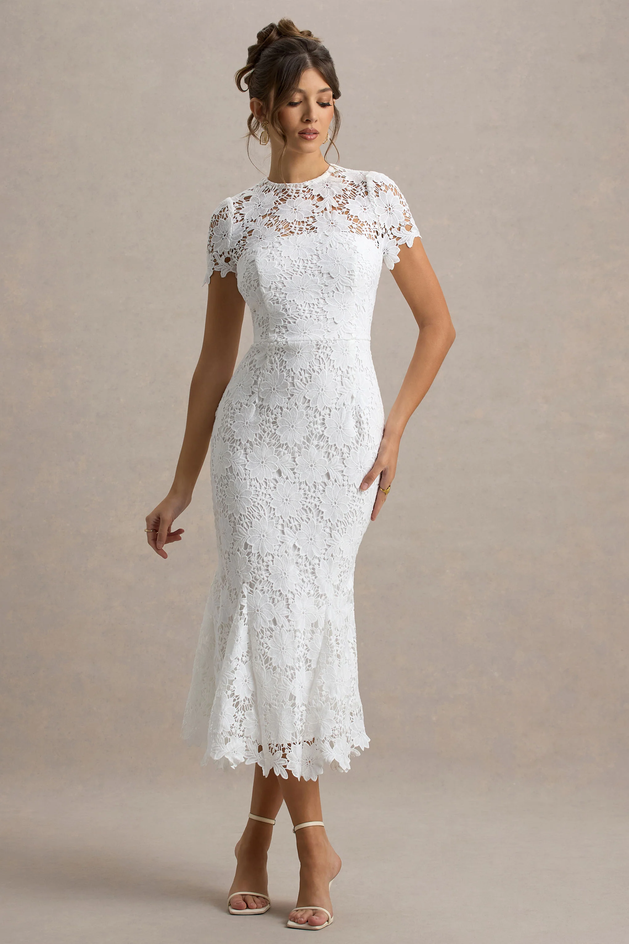 Clarissa | White Lace Short-Sleeve Pleated Midi Dress