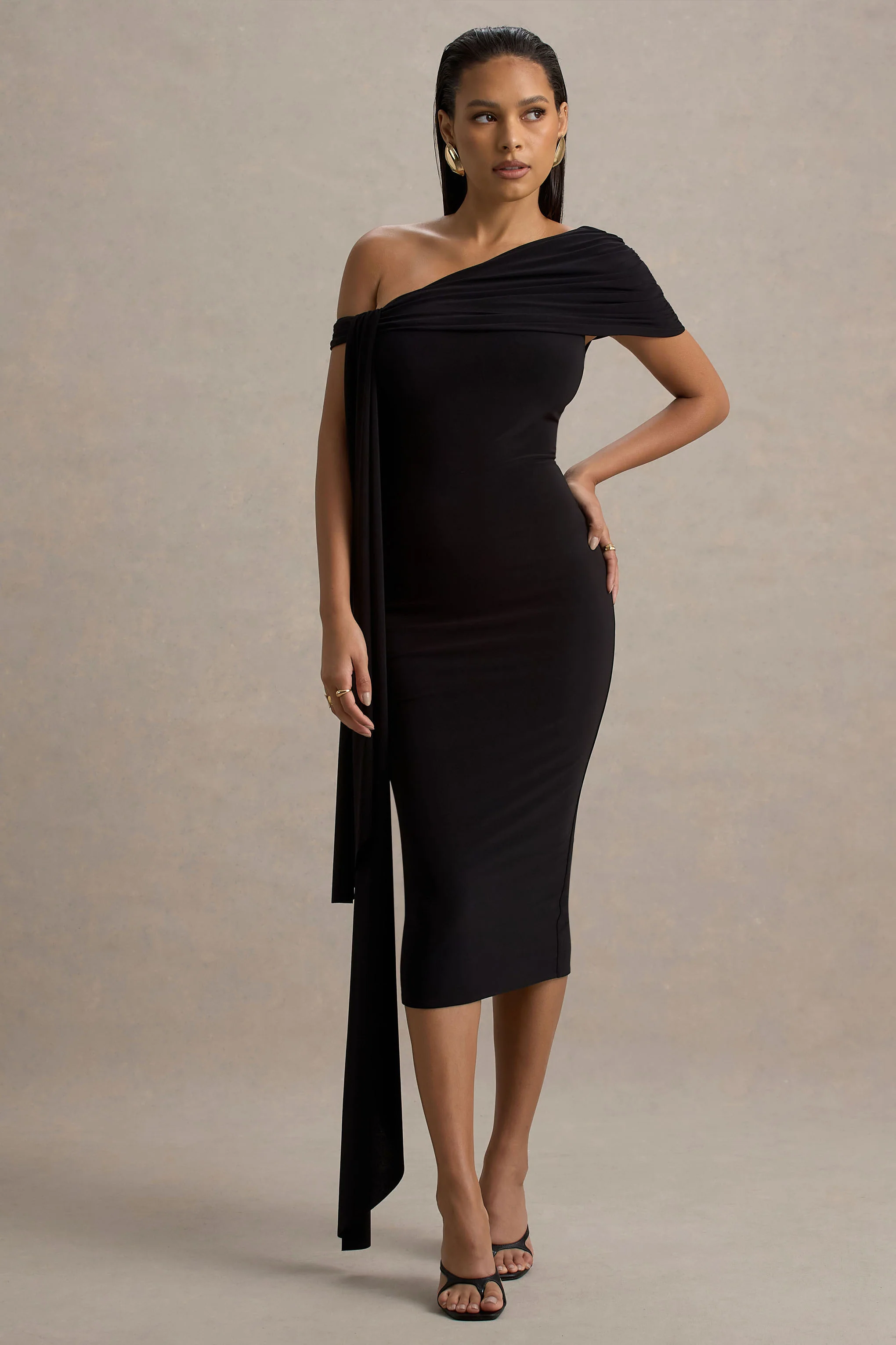 Vallea | Black One-Shoulder Draped Midi Dress
