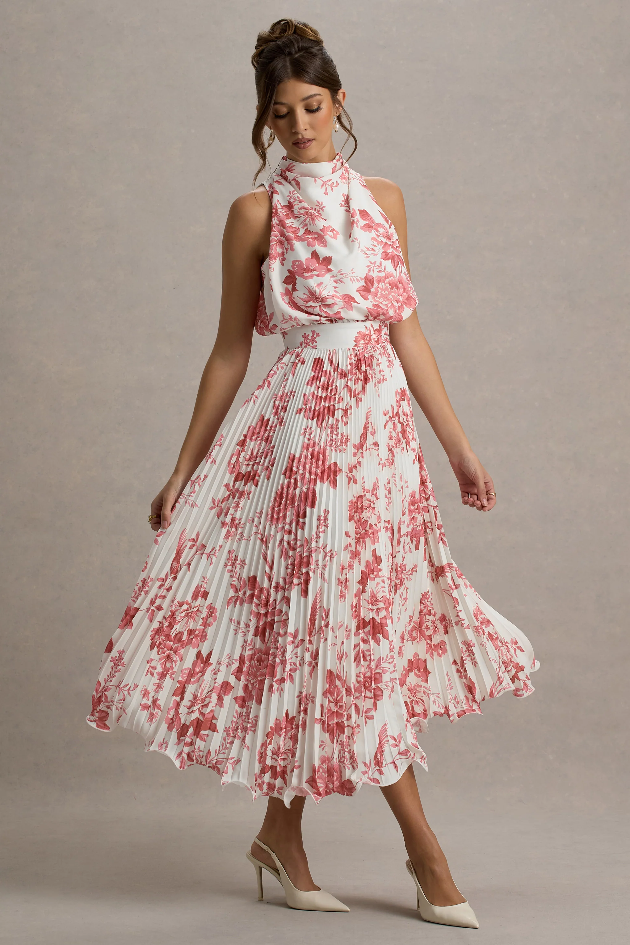 Nila | Pink Porcelain Print Cowl-Neck Midi Dress With Plisse Skirt