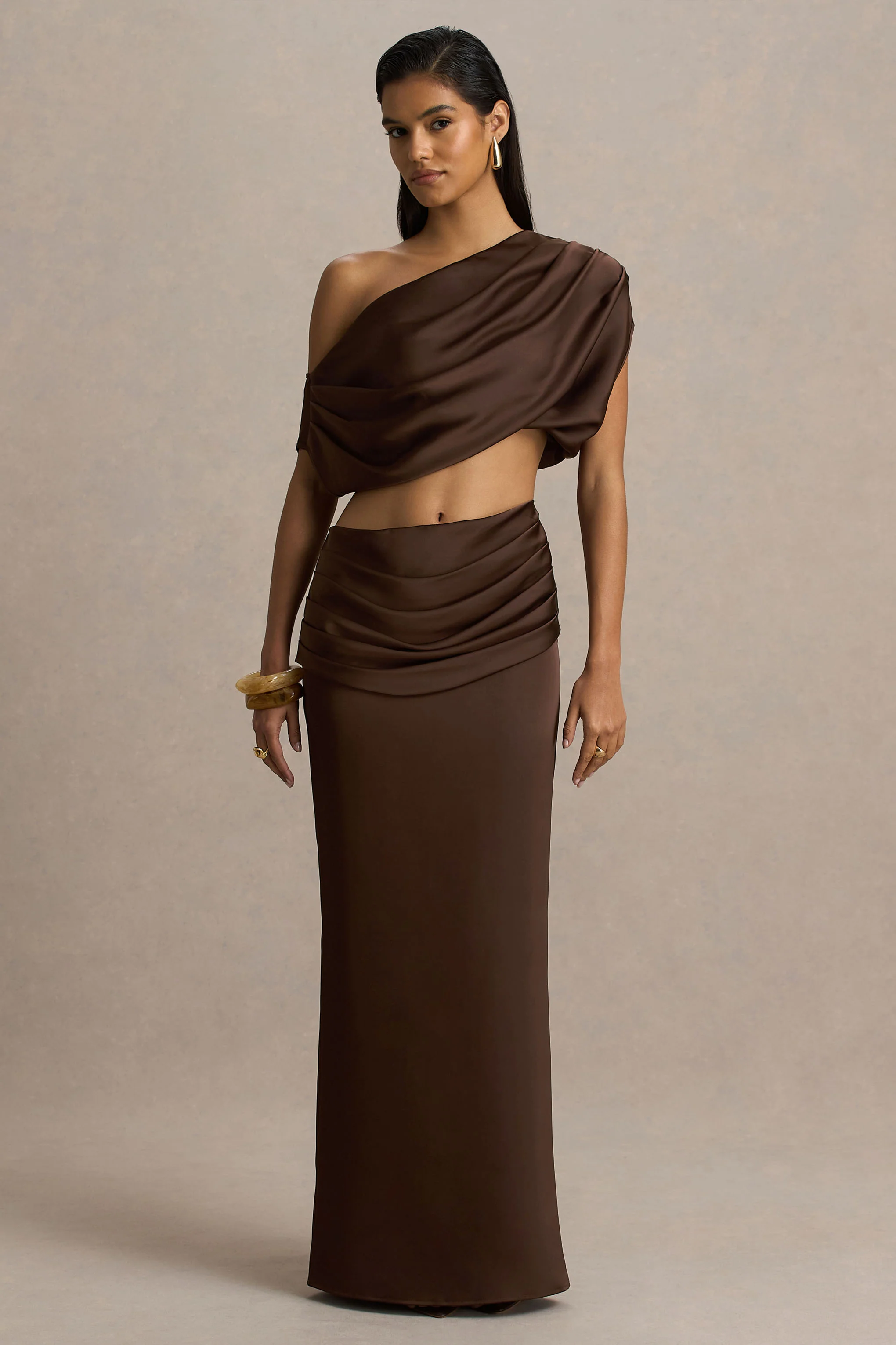 Megan | Brown Satin Wrap Maxi-Skirt With Ruched Detailing