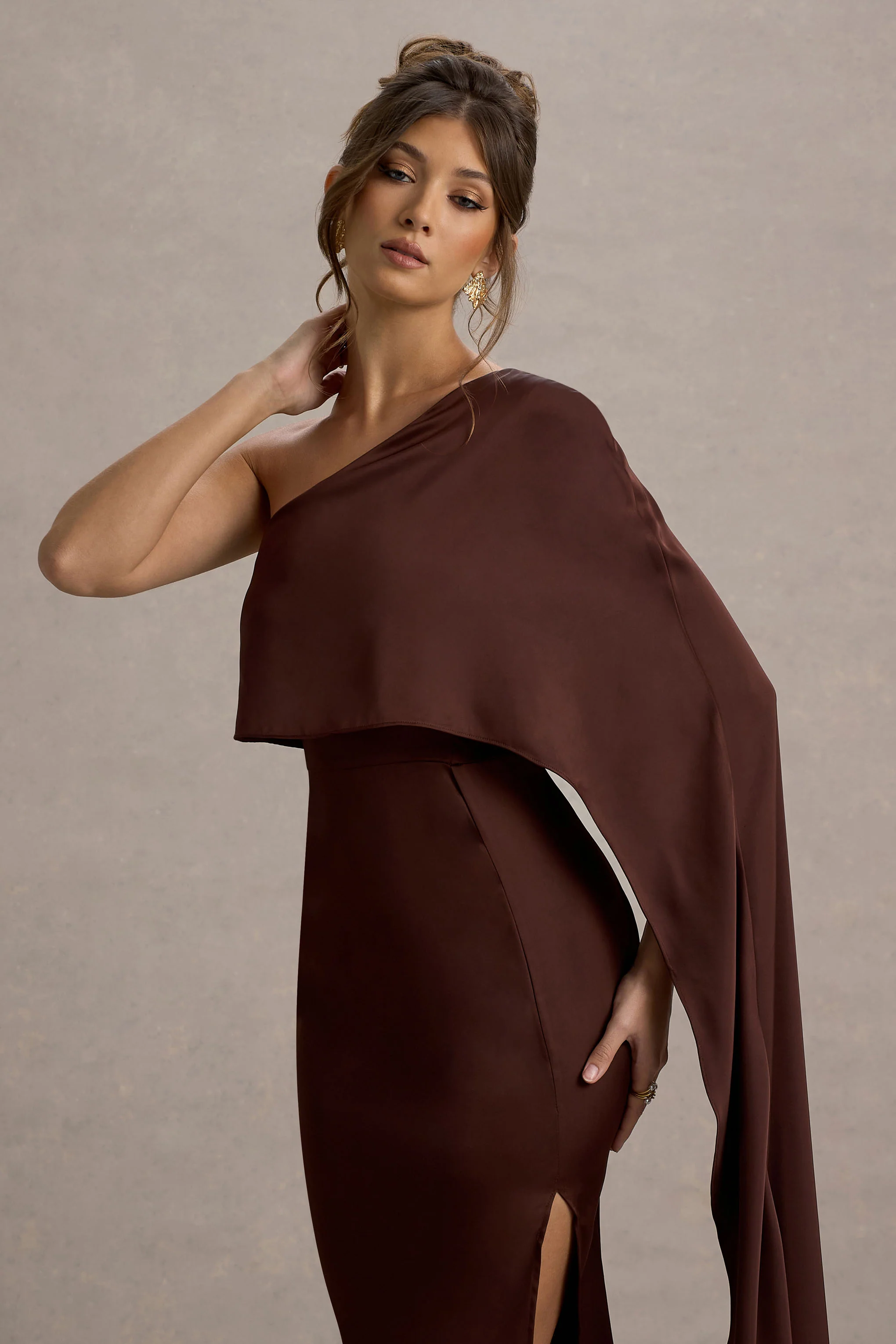 Amora | Brown Satin Asymmetric Cape-Sleeve Split Maxi Dress