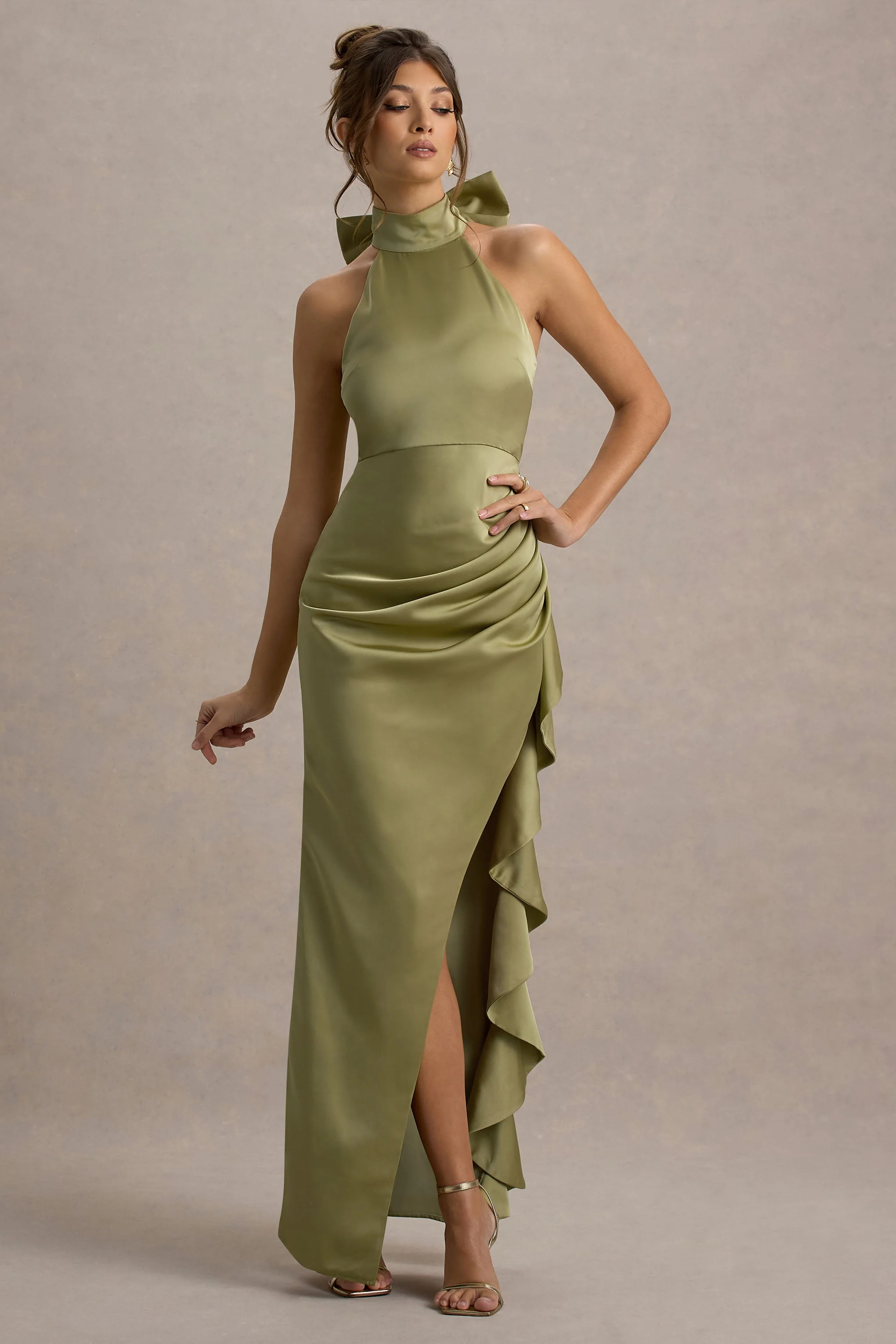 Maureen | Light Green Satin High-Neck Draped Maxi Dress