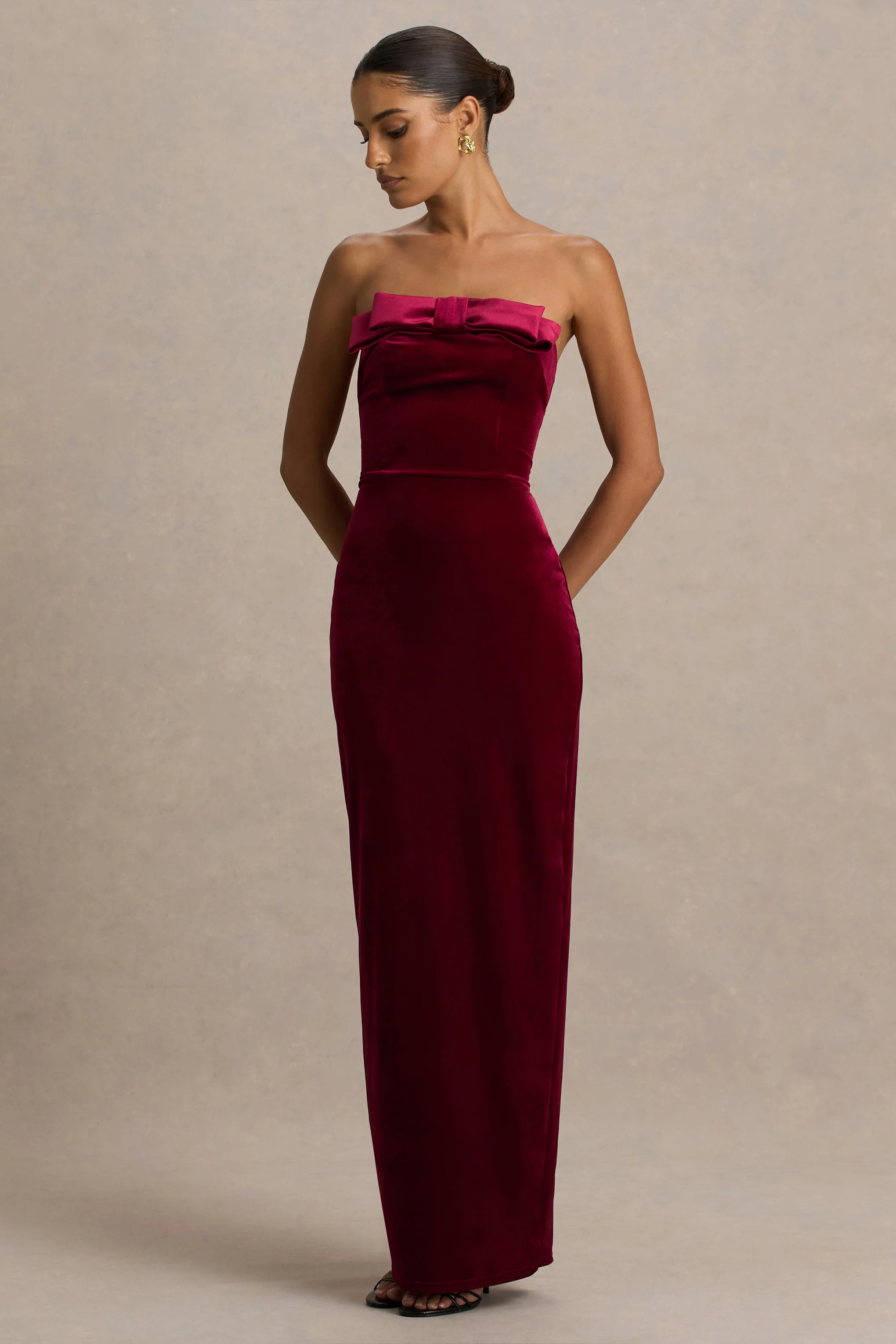 Illusion | Burgundy Velvet Bandeau Maxi Dress With Bow Detail