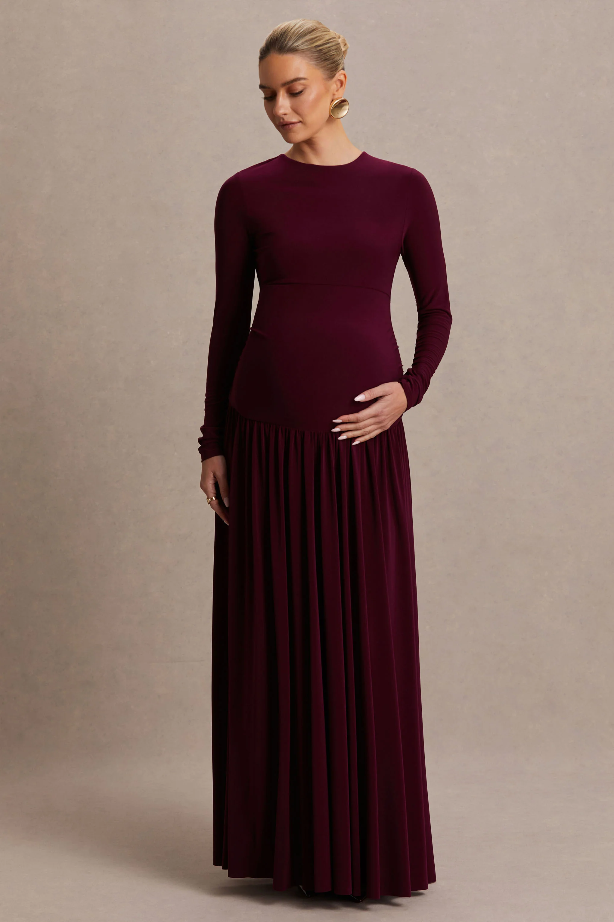 Monroe | Burgundy Crew-Neck Maternity Maxi Dress With Drop-Waist