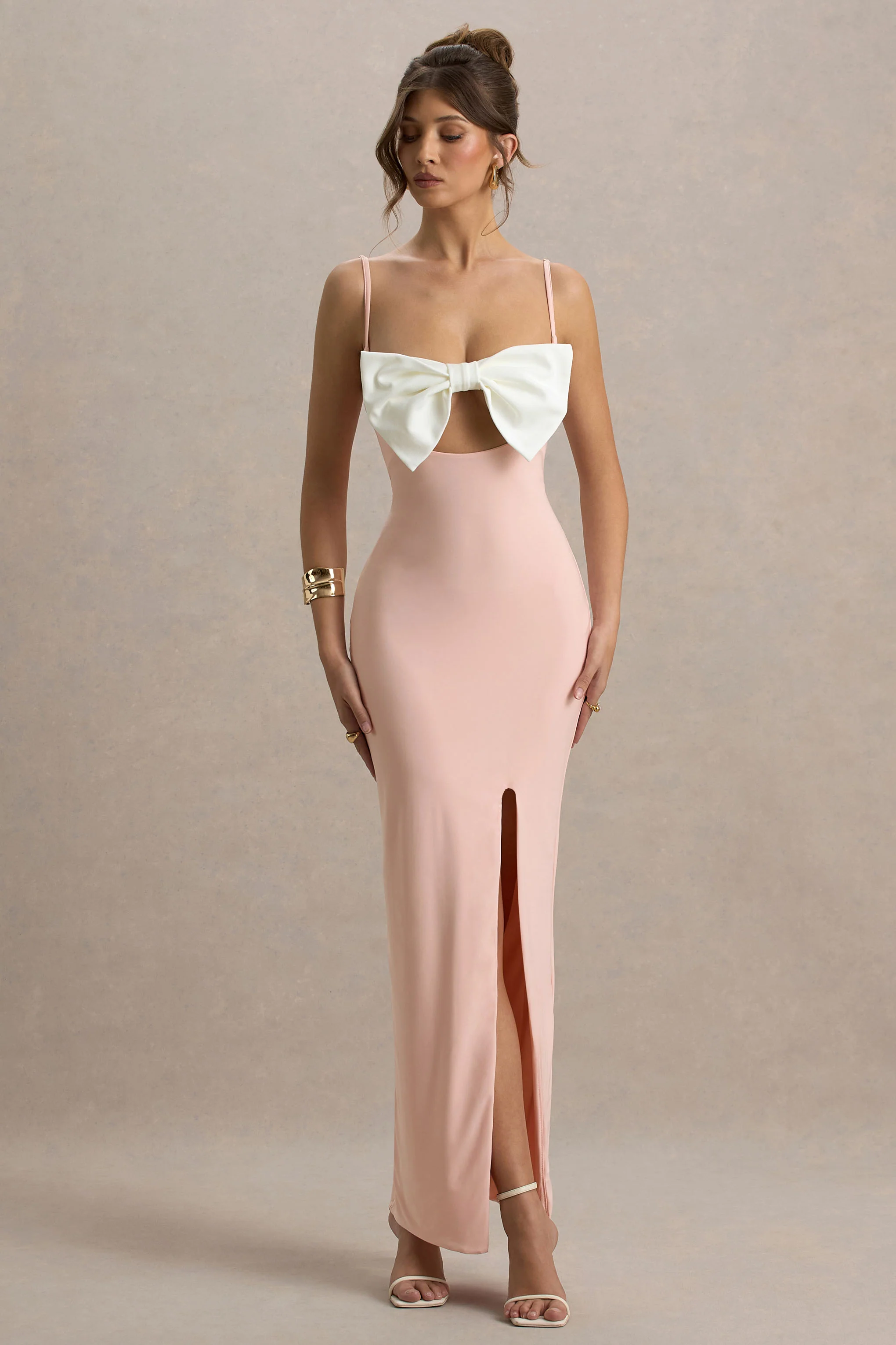 Emmalou | Pink & White Strappy Split Maxi Dress With Bow