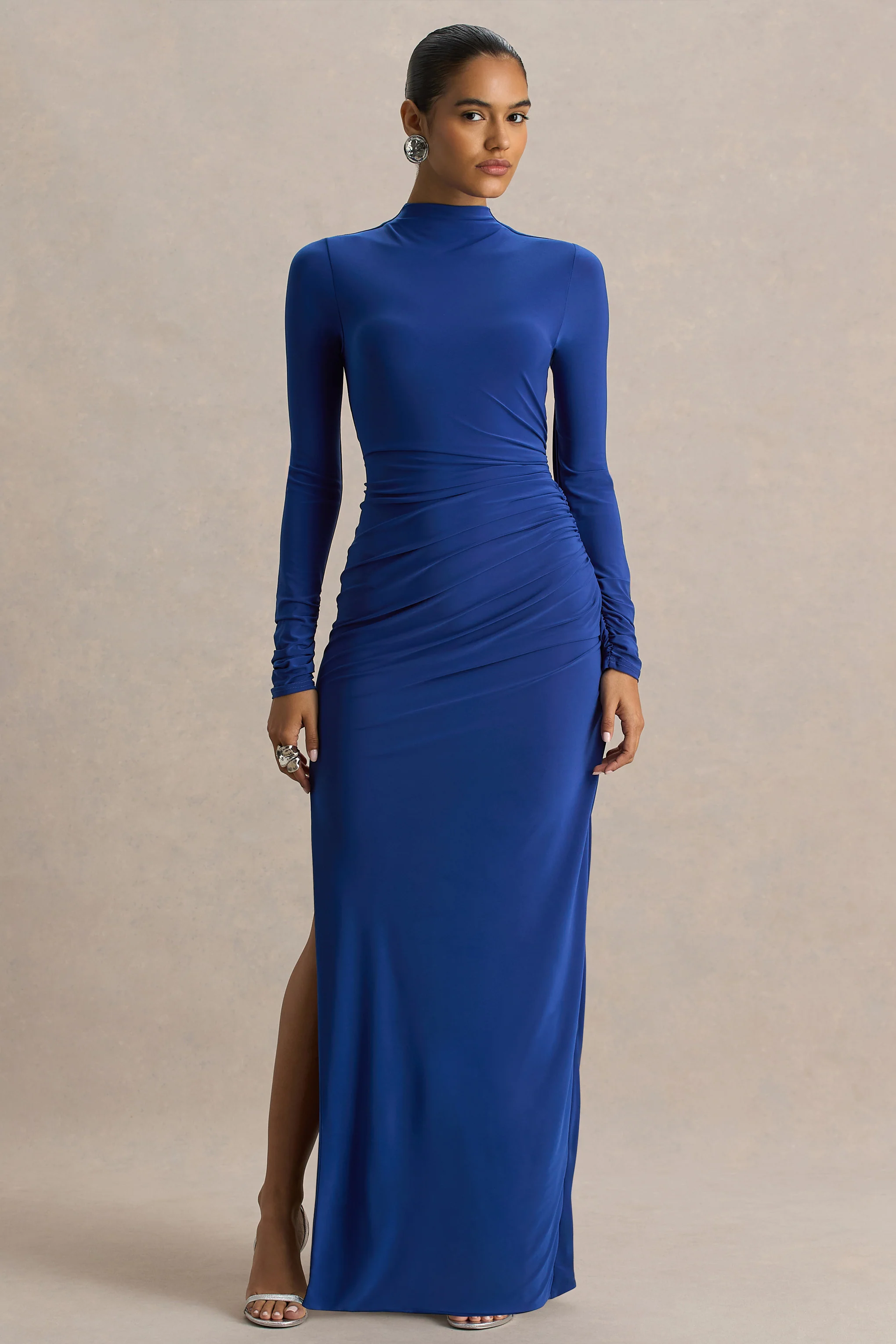Alluring | Blue High Neck Maxi Dress With Ruched Detailing