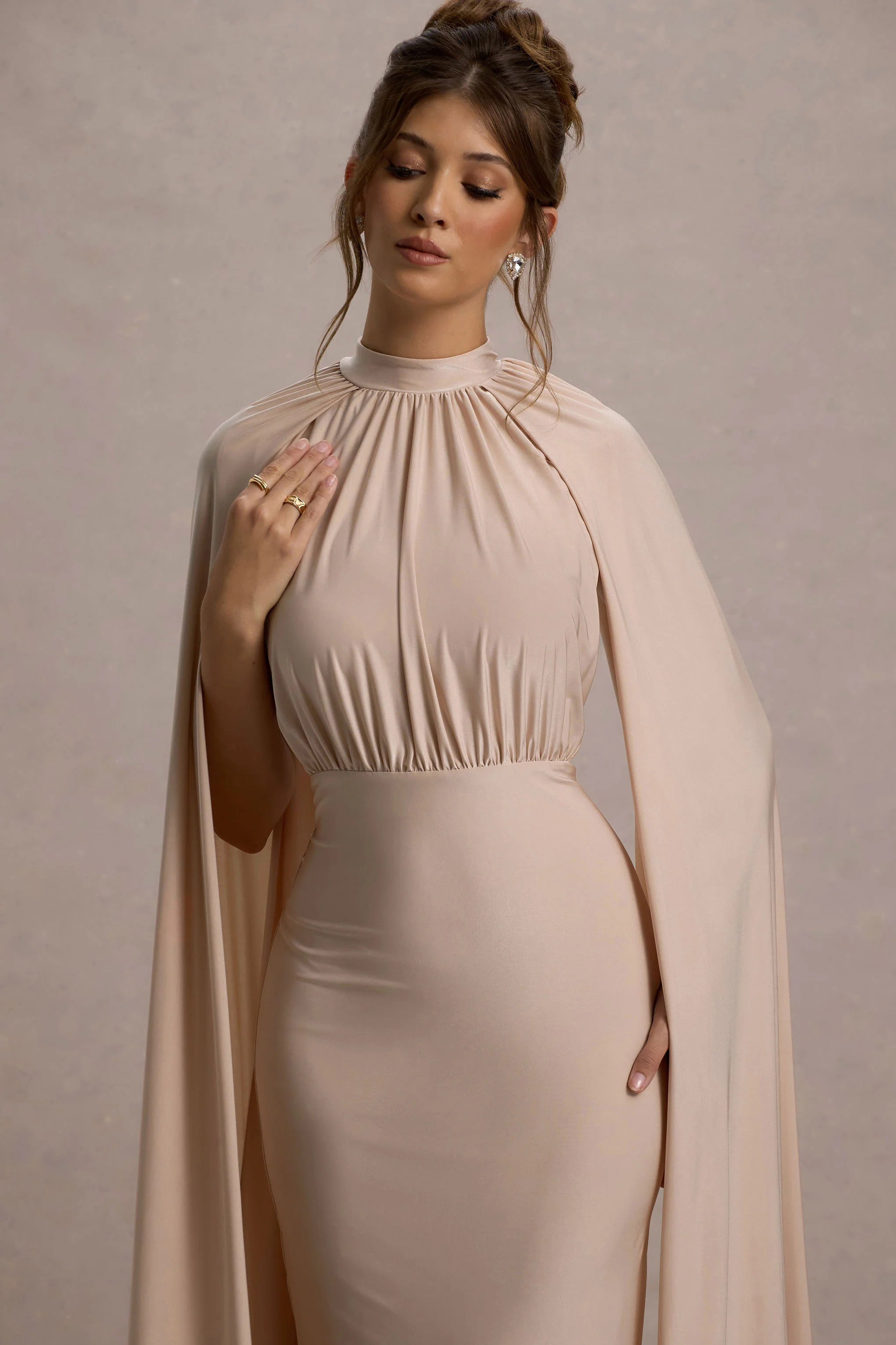Darielle | Champagne High-Neck Cape-Sleeve Maxi Dress