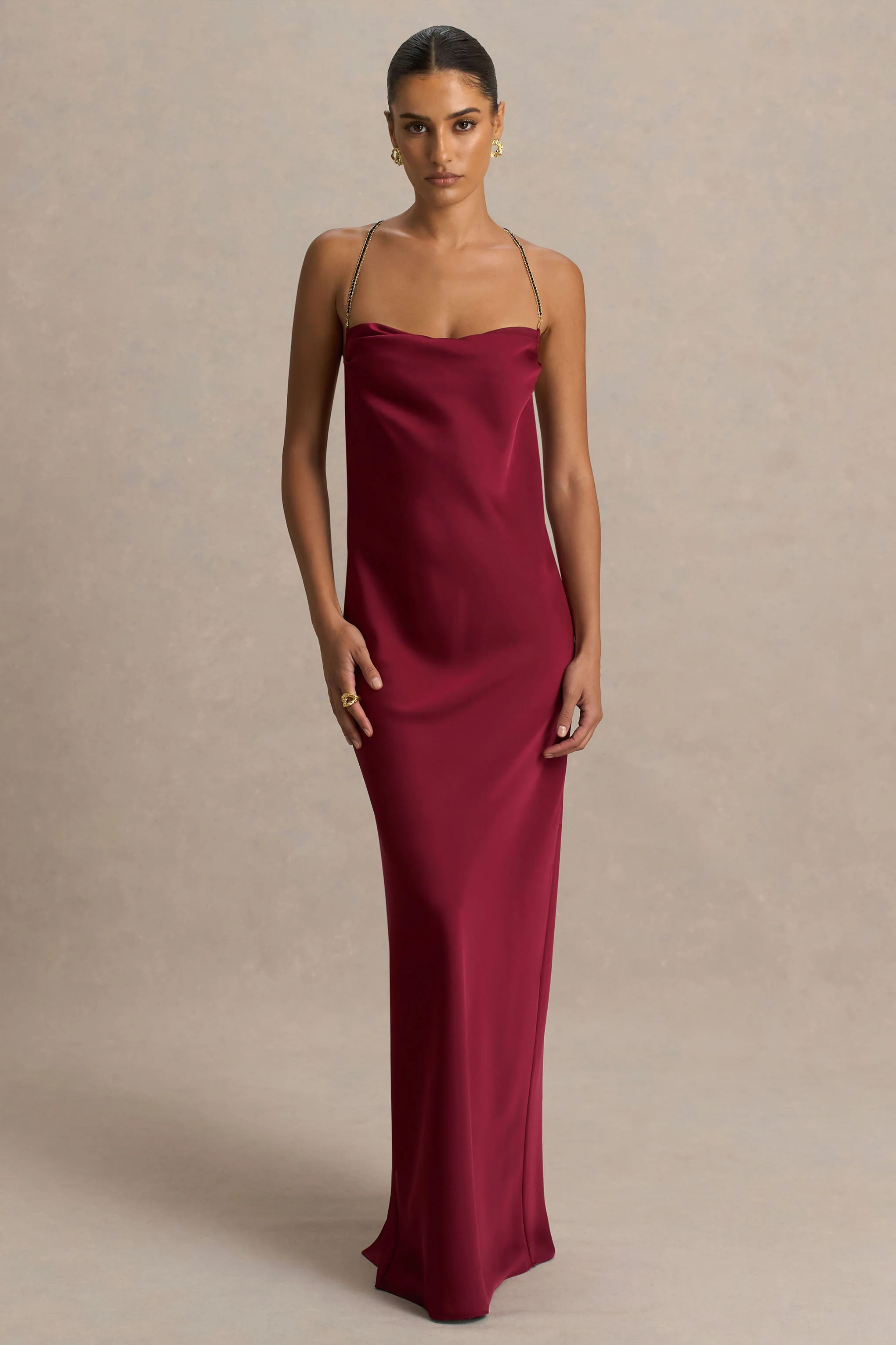 Cher | Burgundy Satin Square-Neck Maxi Dress With Embellished-Detailed Open-Back