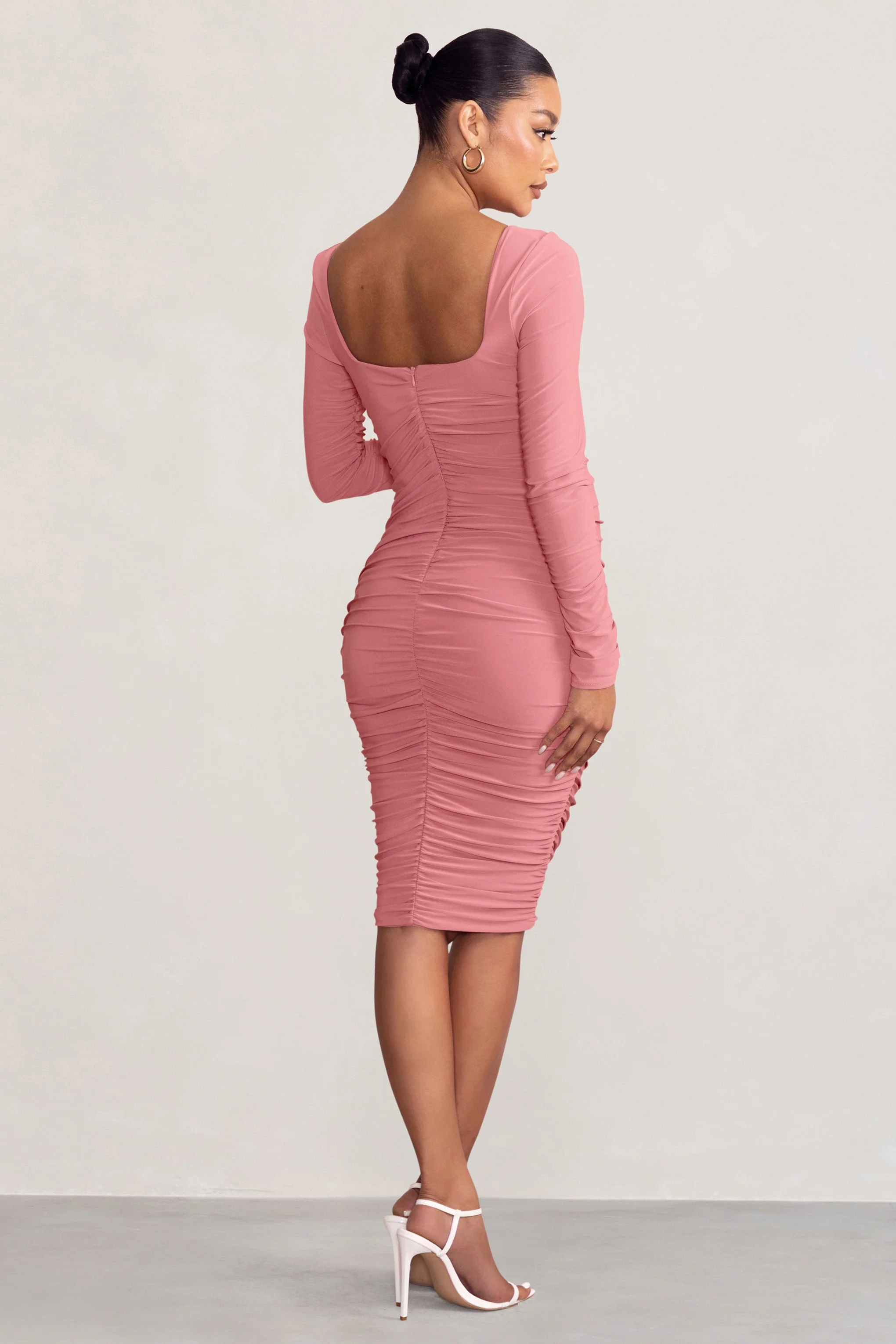 New Life | Pink Maternity Square Neck Ruched Midi Dress