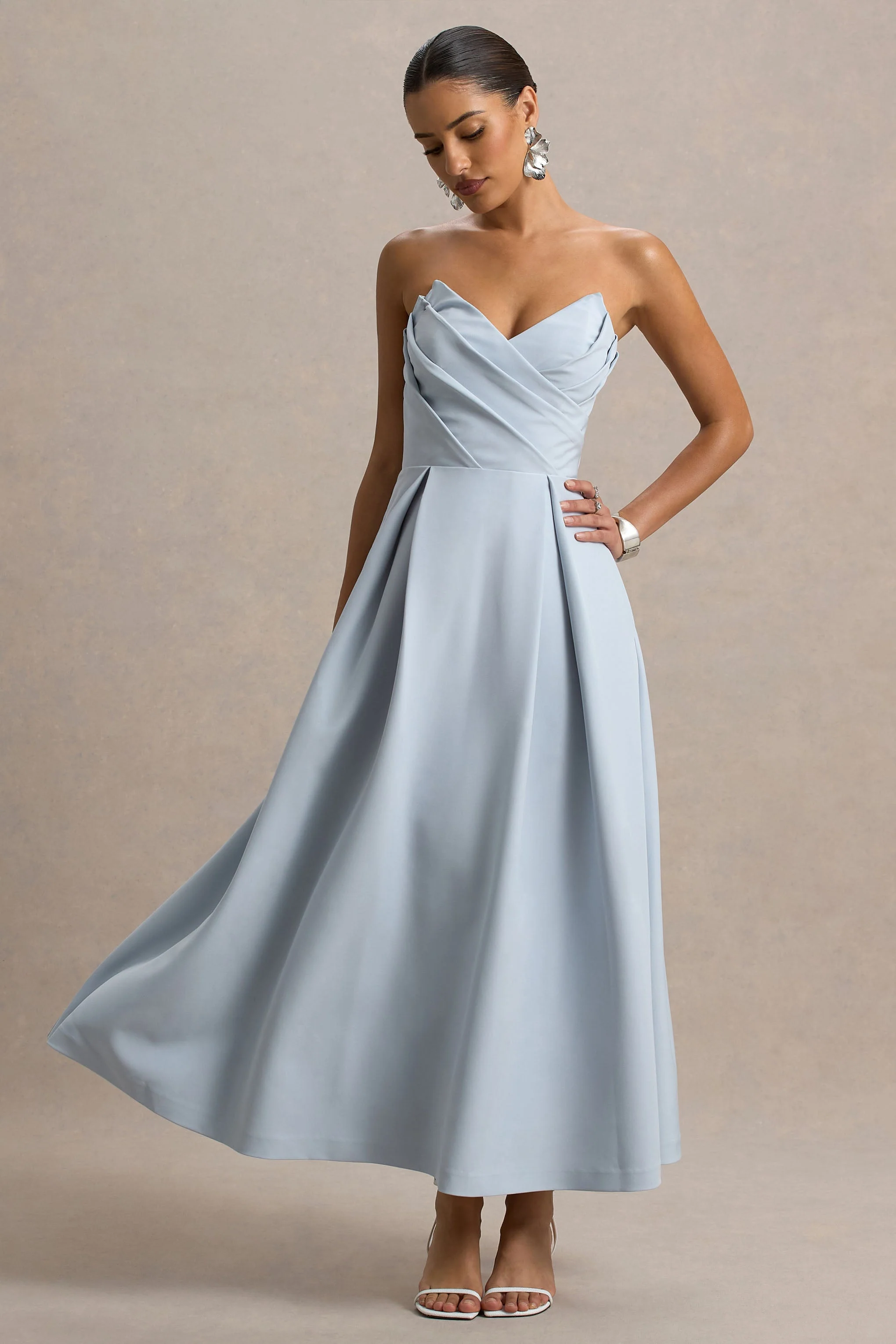 Reigning Beauty | Powder Blue Sweetheart Midi Dress With Volume Hem