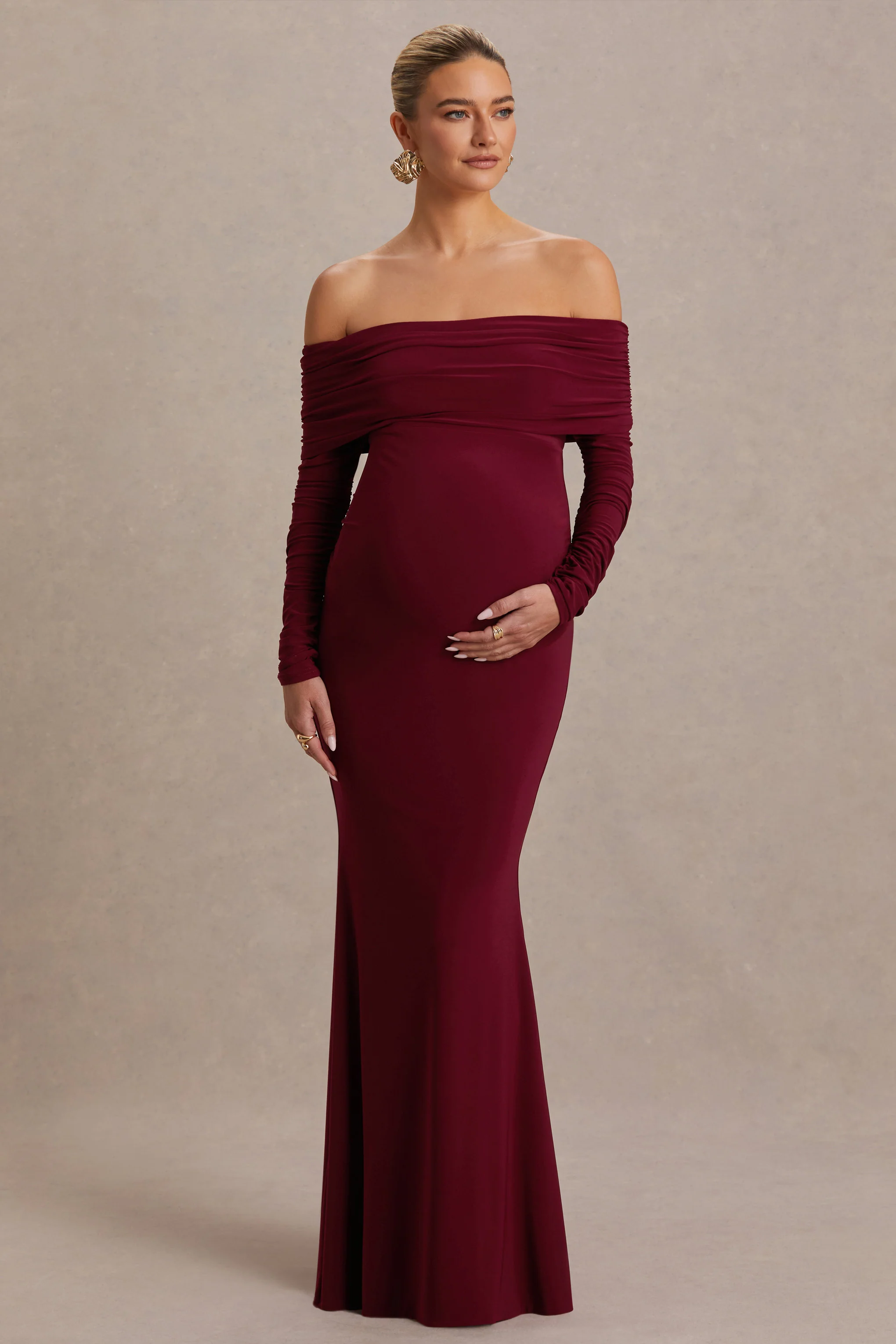 Odessa | Berry Bardot-Neck Maternity Maxi Dress