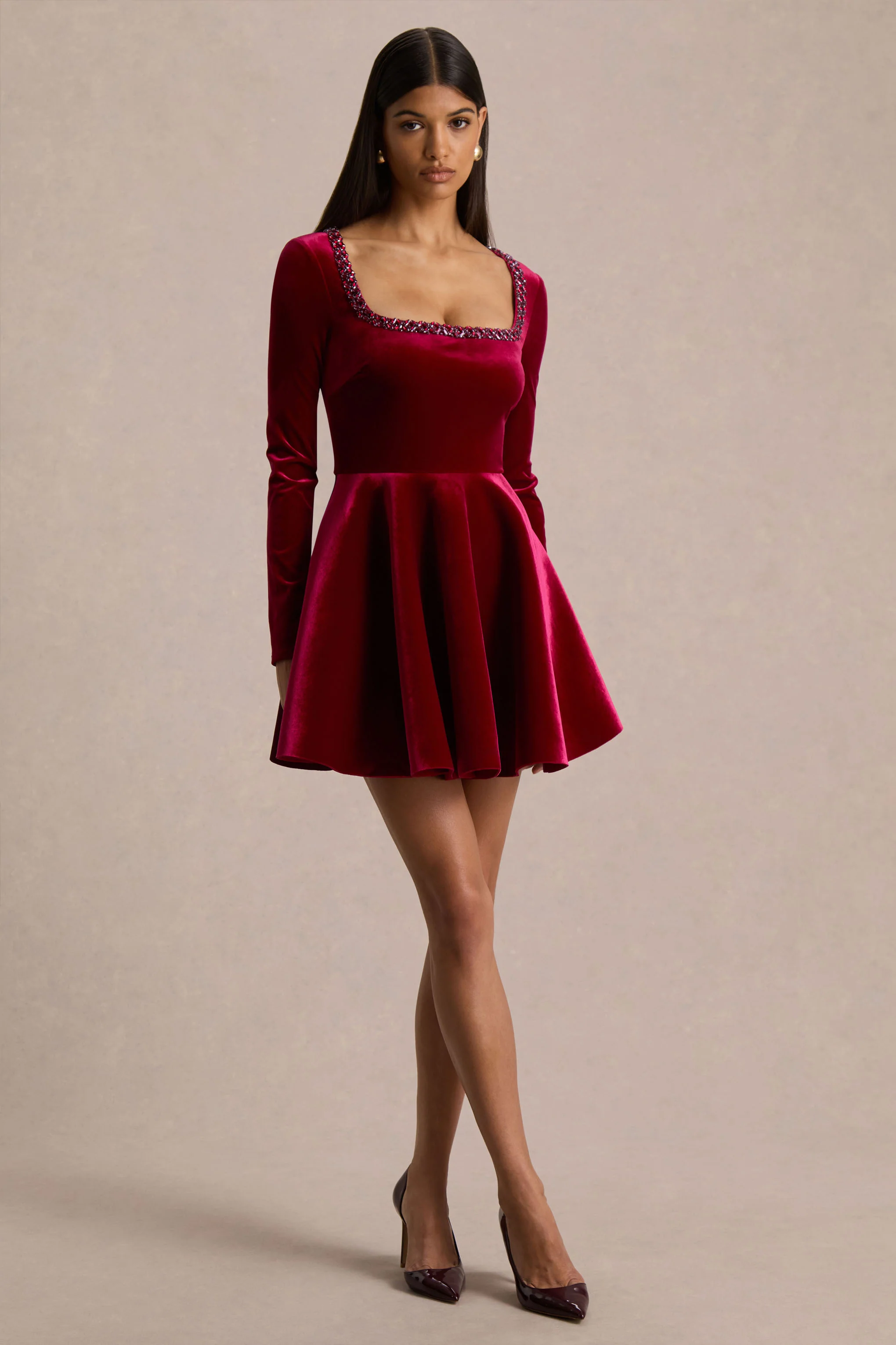 Beloved | Burgundy Velvet Hand-Embellished Square-Neck Mini Dress