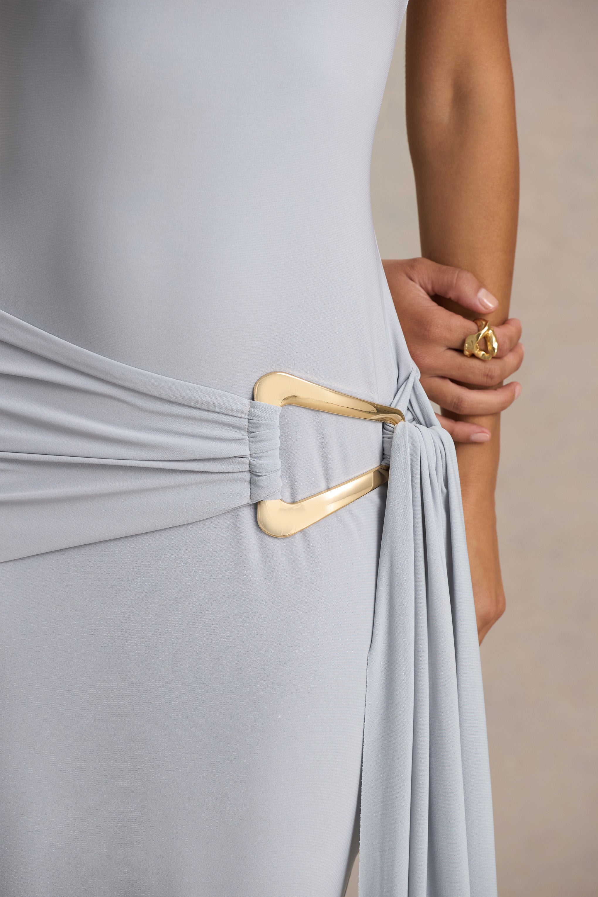 Bonnie | Blue Asymmetric-Neck Maxi Dress With Ruched-Detailing