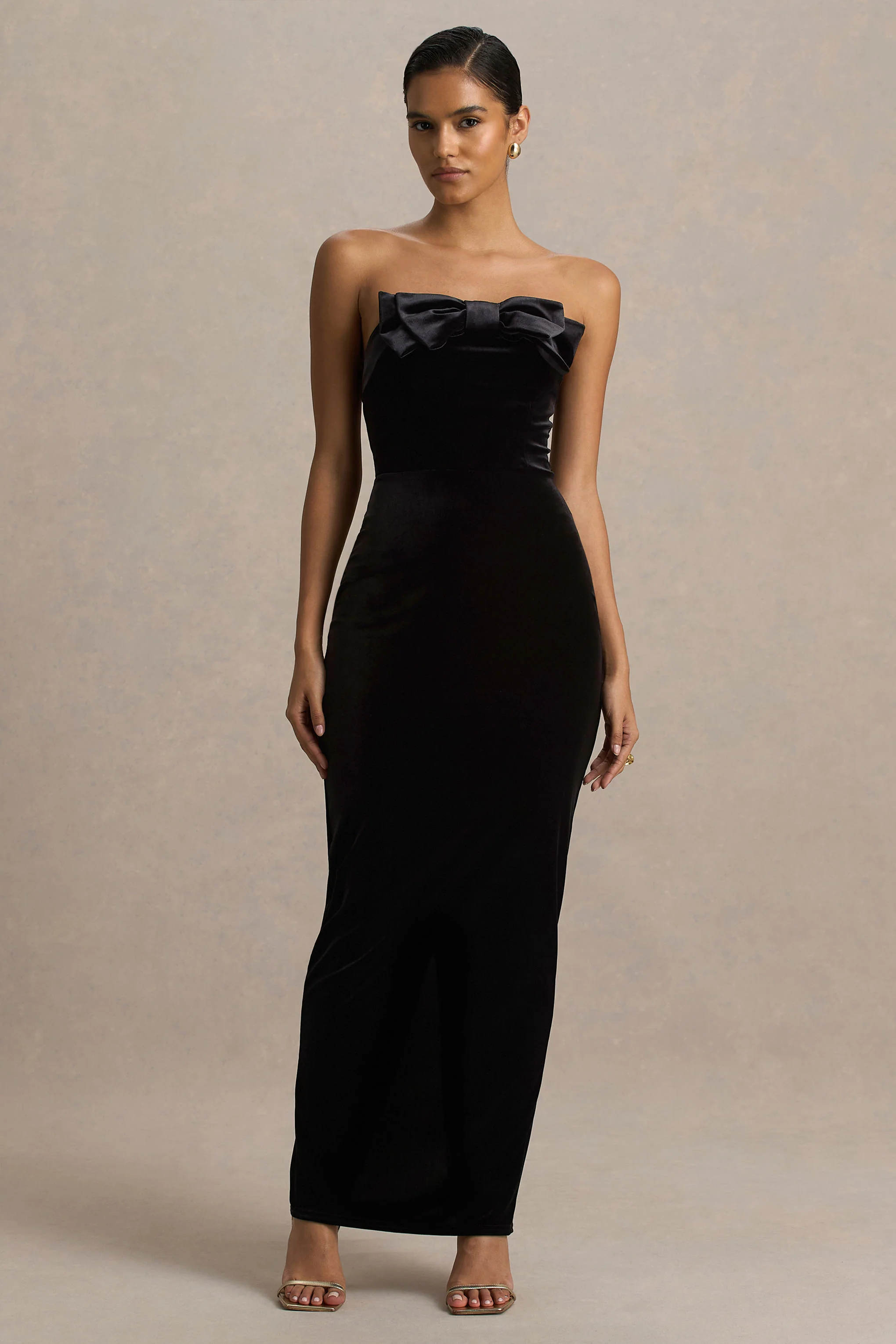 Illusion | Black Velvet Bandeau Maxi Dress With Bow Detail