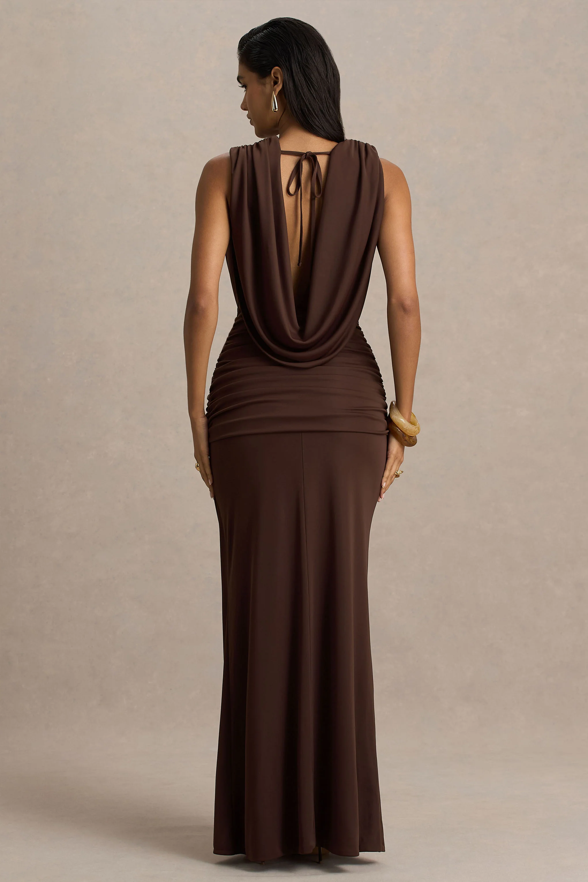 Serafina | Chocolate Extreme-Plunge Neck Maxi Dress With Wrap And Ruched Details
