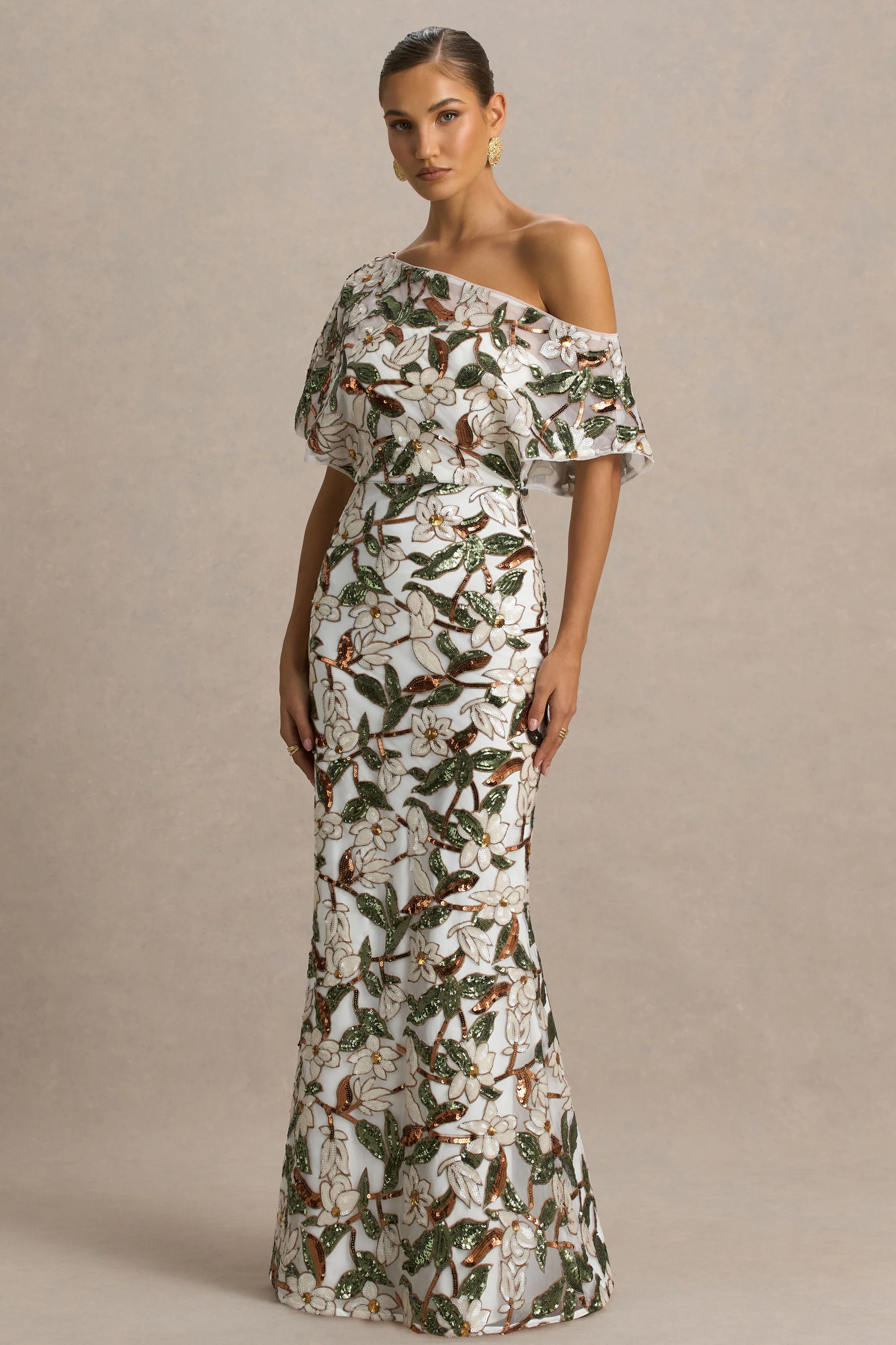 Iony | White And Green Sequin Floral And Mesh Asymmetric-Neck Maxi Dress
