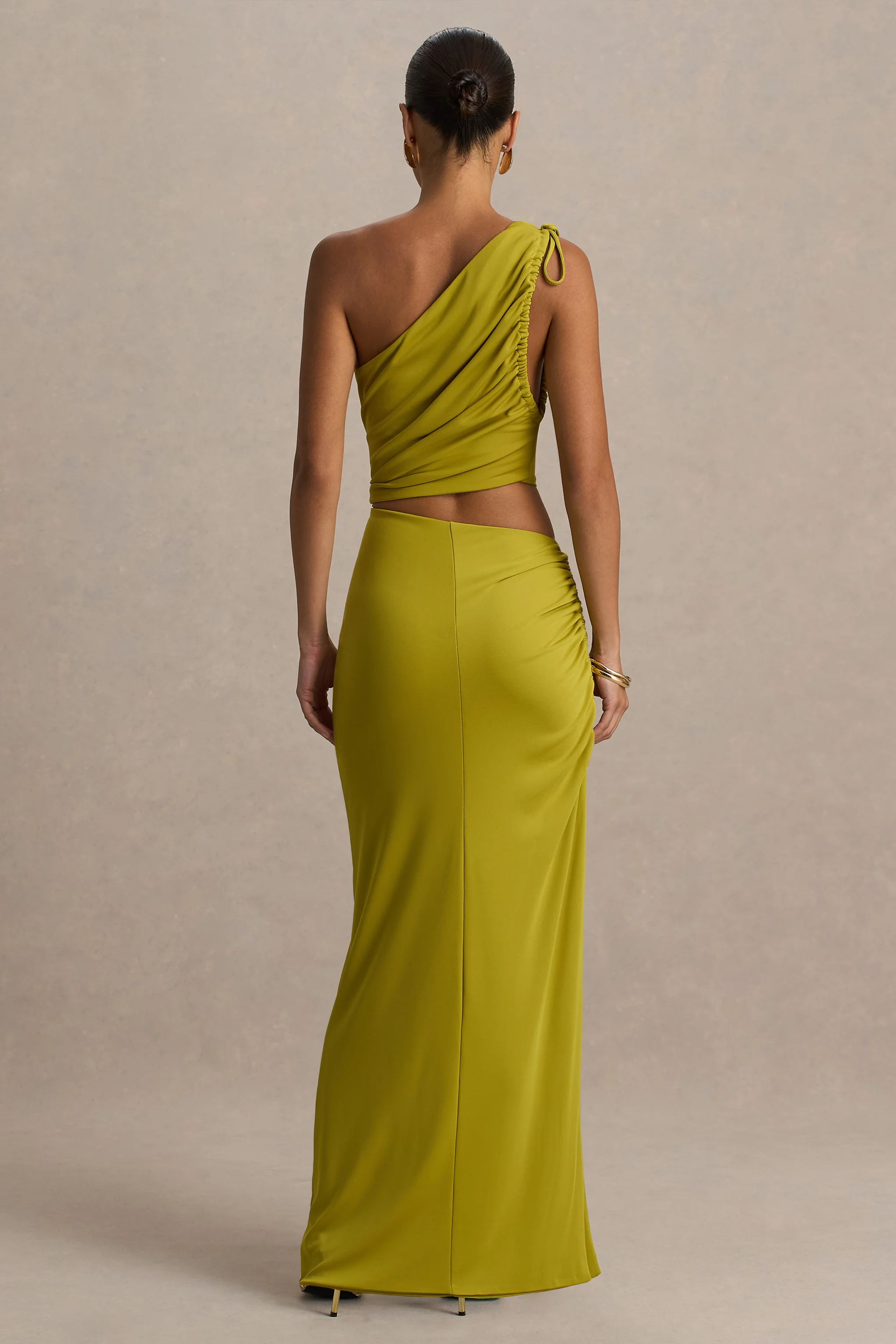 Margie | Green Maxi Skirt With Ruched Detail And Front High Split
