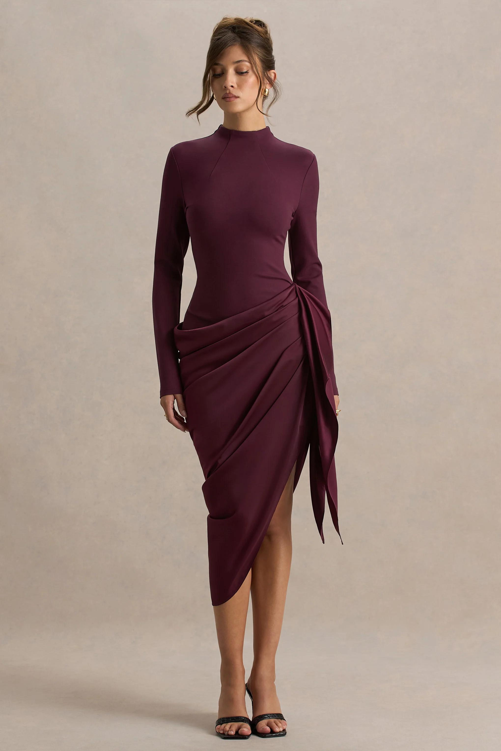 Raffie | Plum Long-Sleeve Midi Dress With Satin Wrap Skirt