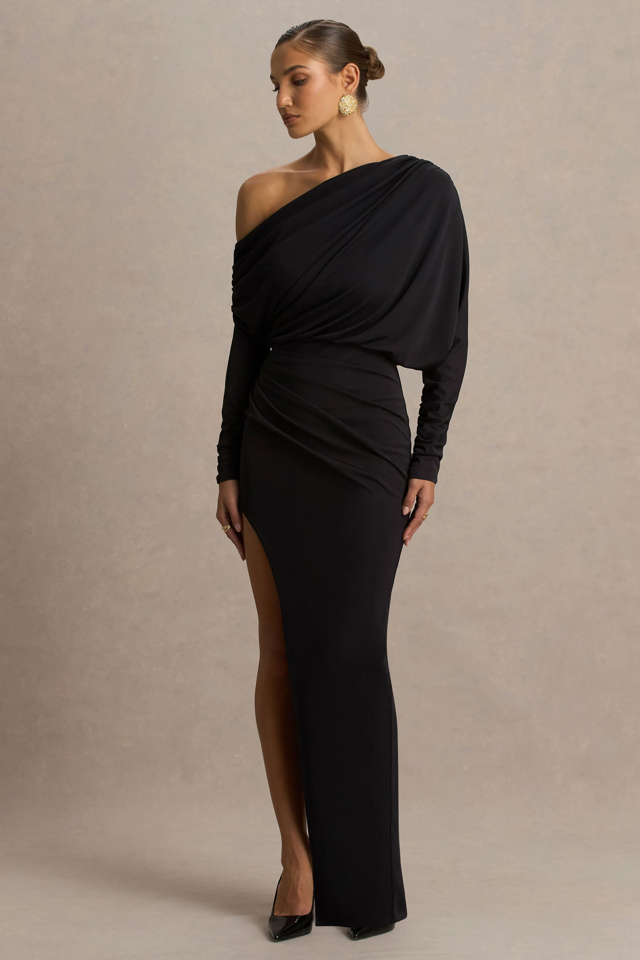 Olivia | Black Asymmetric-Neck Maxi Dress With Ruched Detailing And Front-High Split