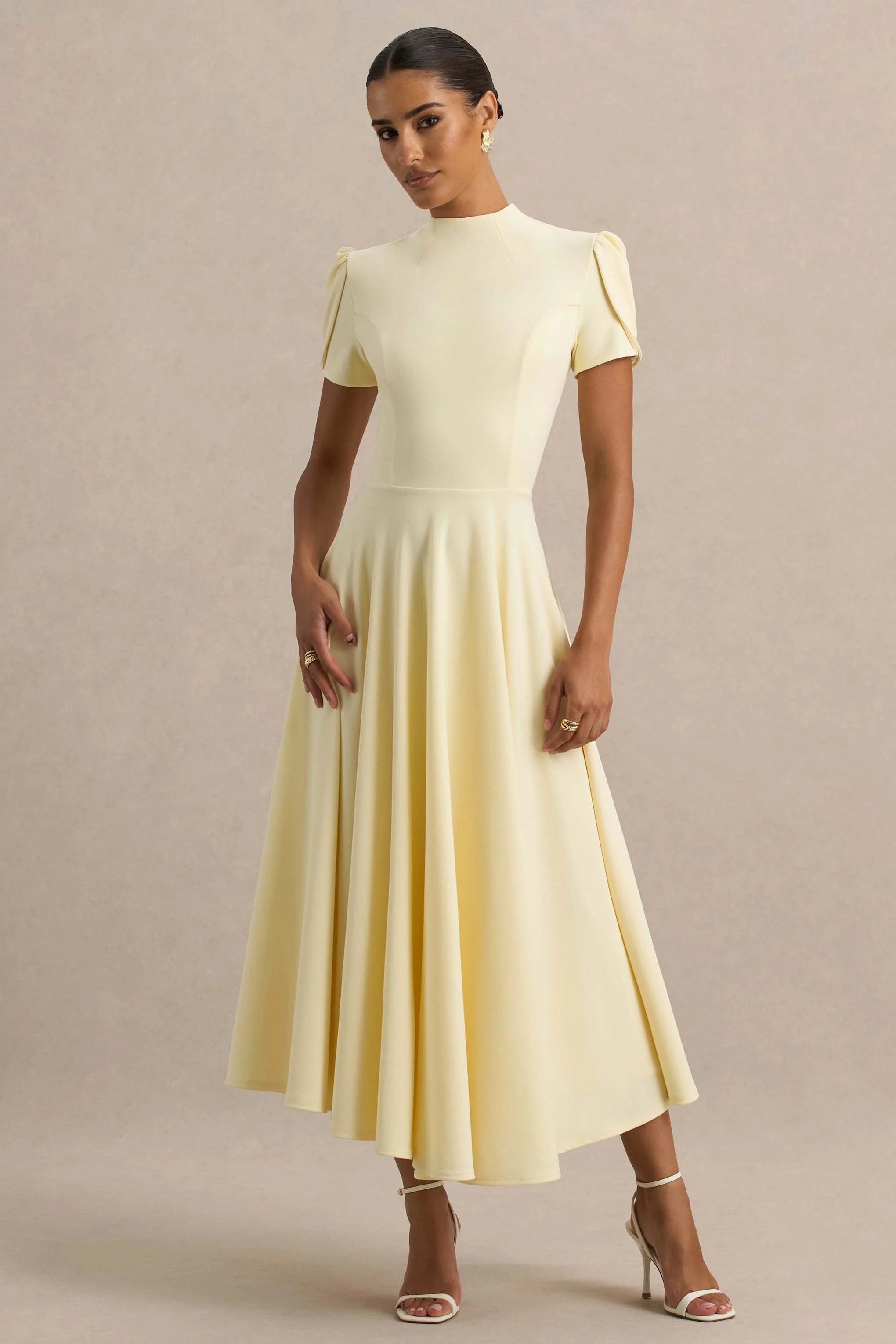Vicky | Lemon High Neck Midi Dress With Puff Sleeves