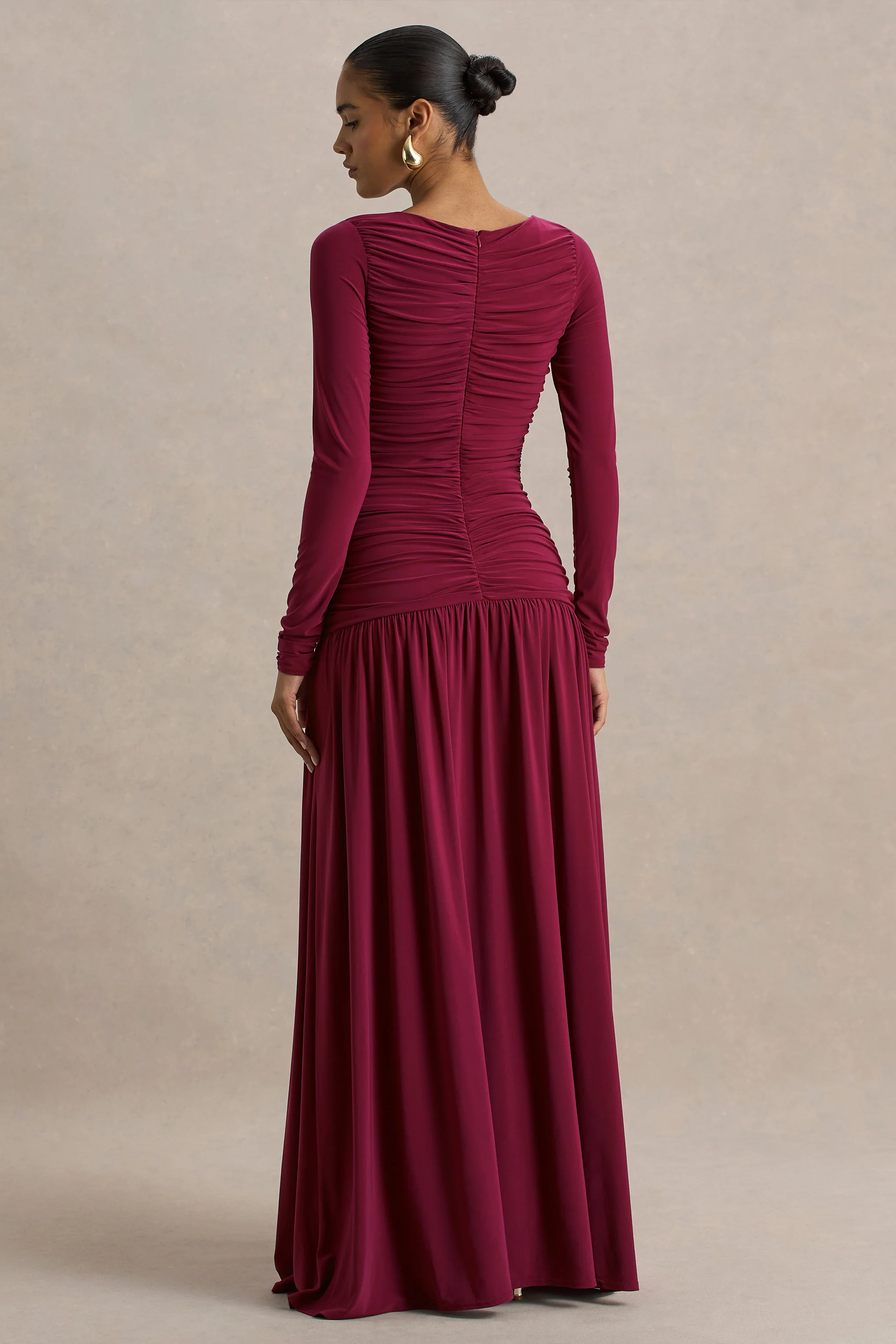 Aniyah | Burgundy High-Neck Maxi Dress With Ruched Detailing