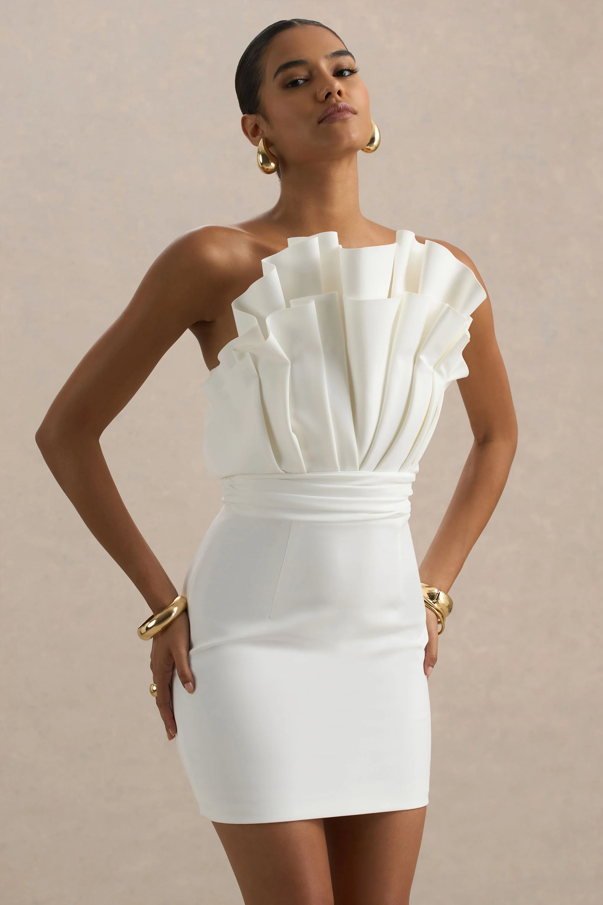 Pastoral | White Ruffled Asymmetric-Neck Mini Dress