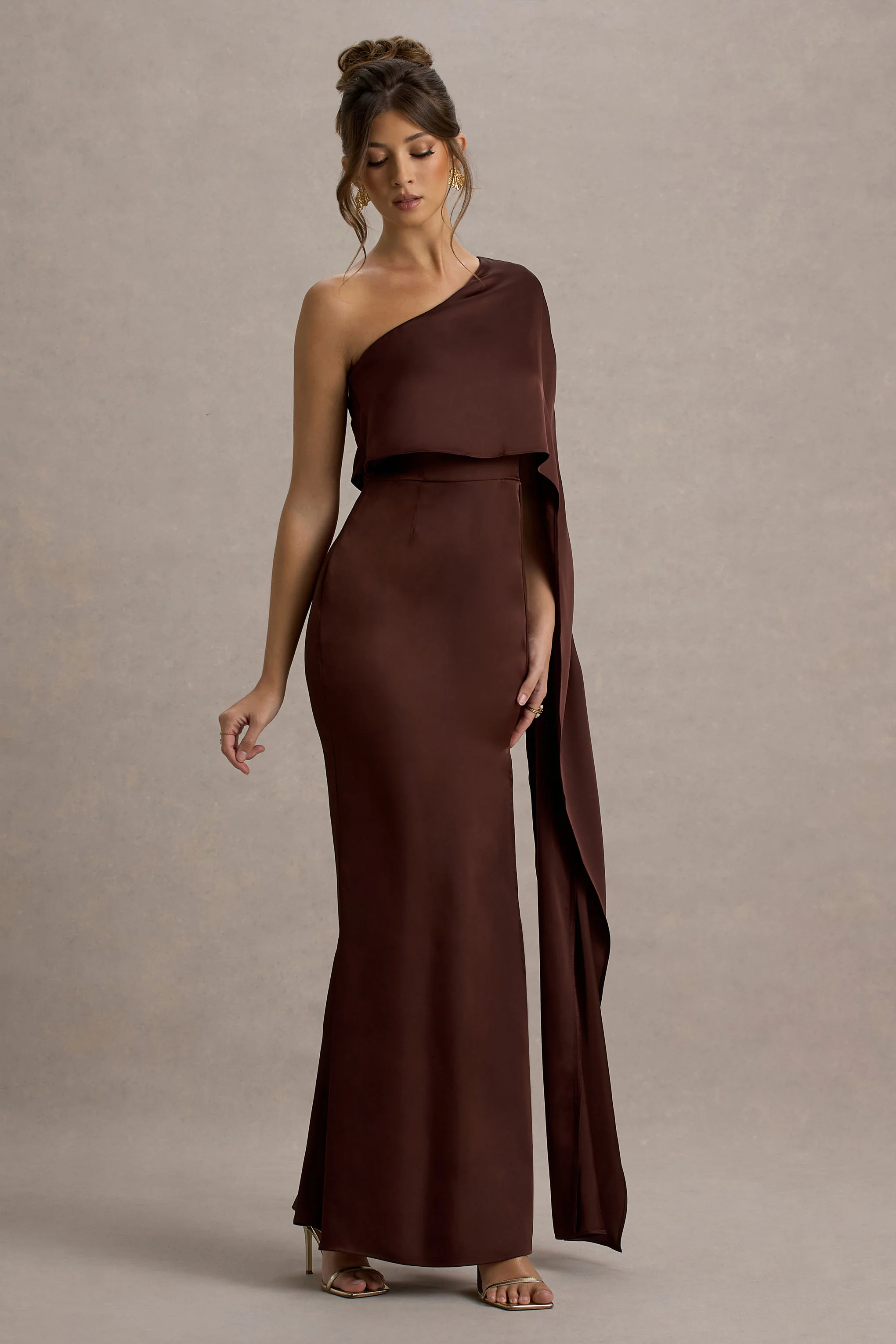 Amora | Brown Satin Asymmetric Cape-Sleeve Split Maxi Dress