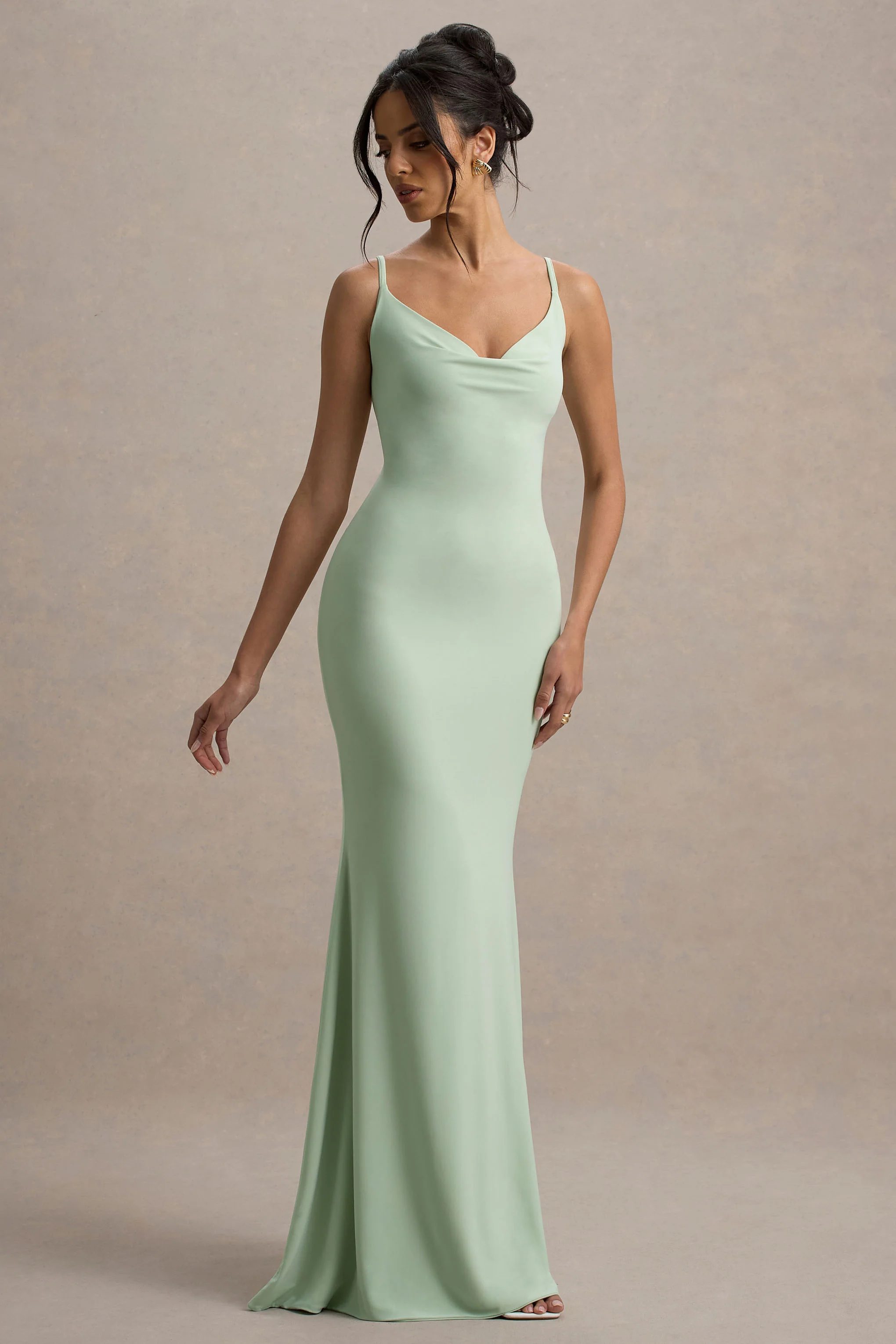 Francoise | Light Green Cowl Neck Backless Maxi Dress With Lace Insert