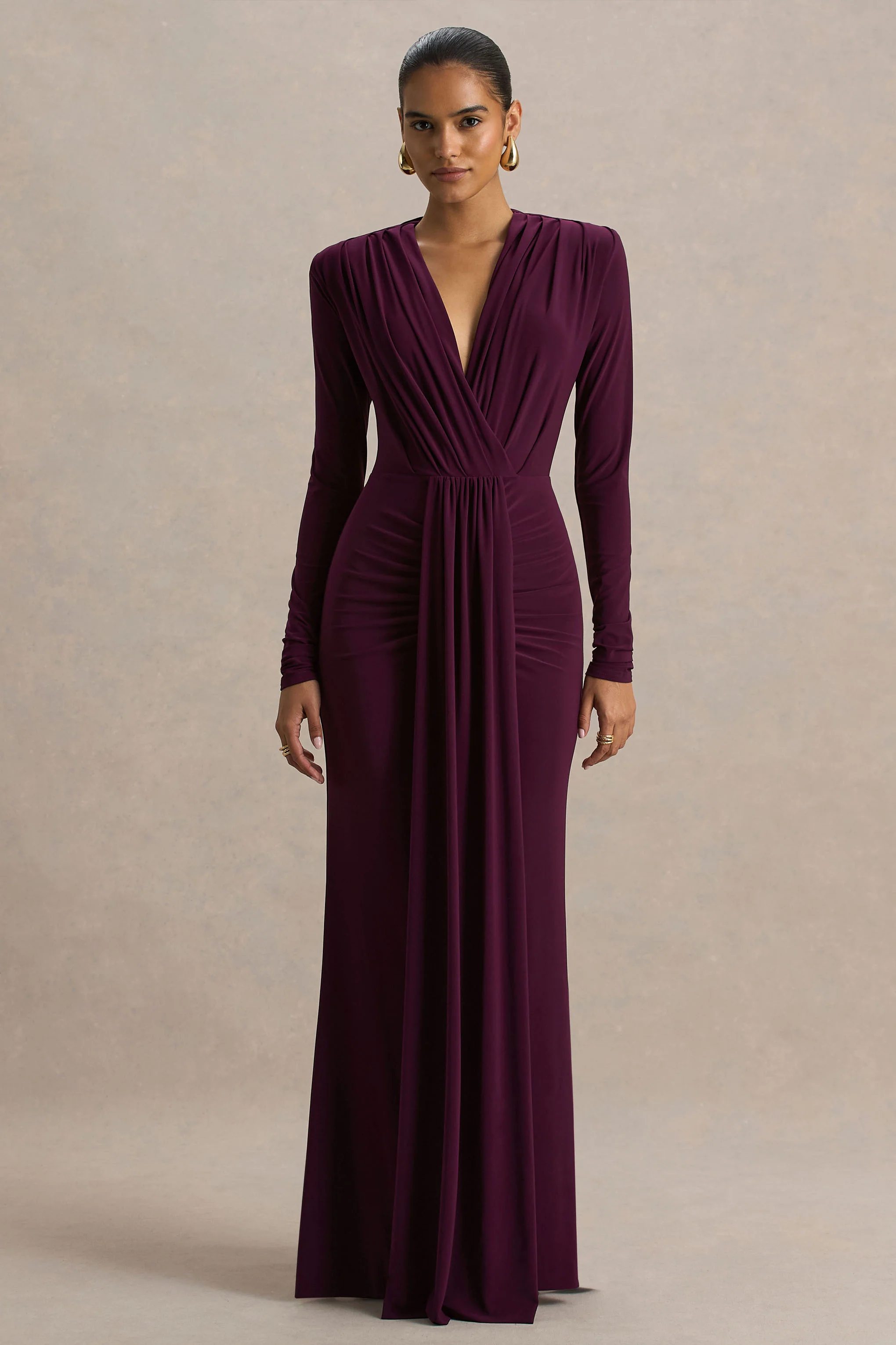 Flashy | Burgundy Plunge-Neck Maxi Dress With Ruched Detailing