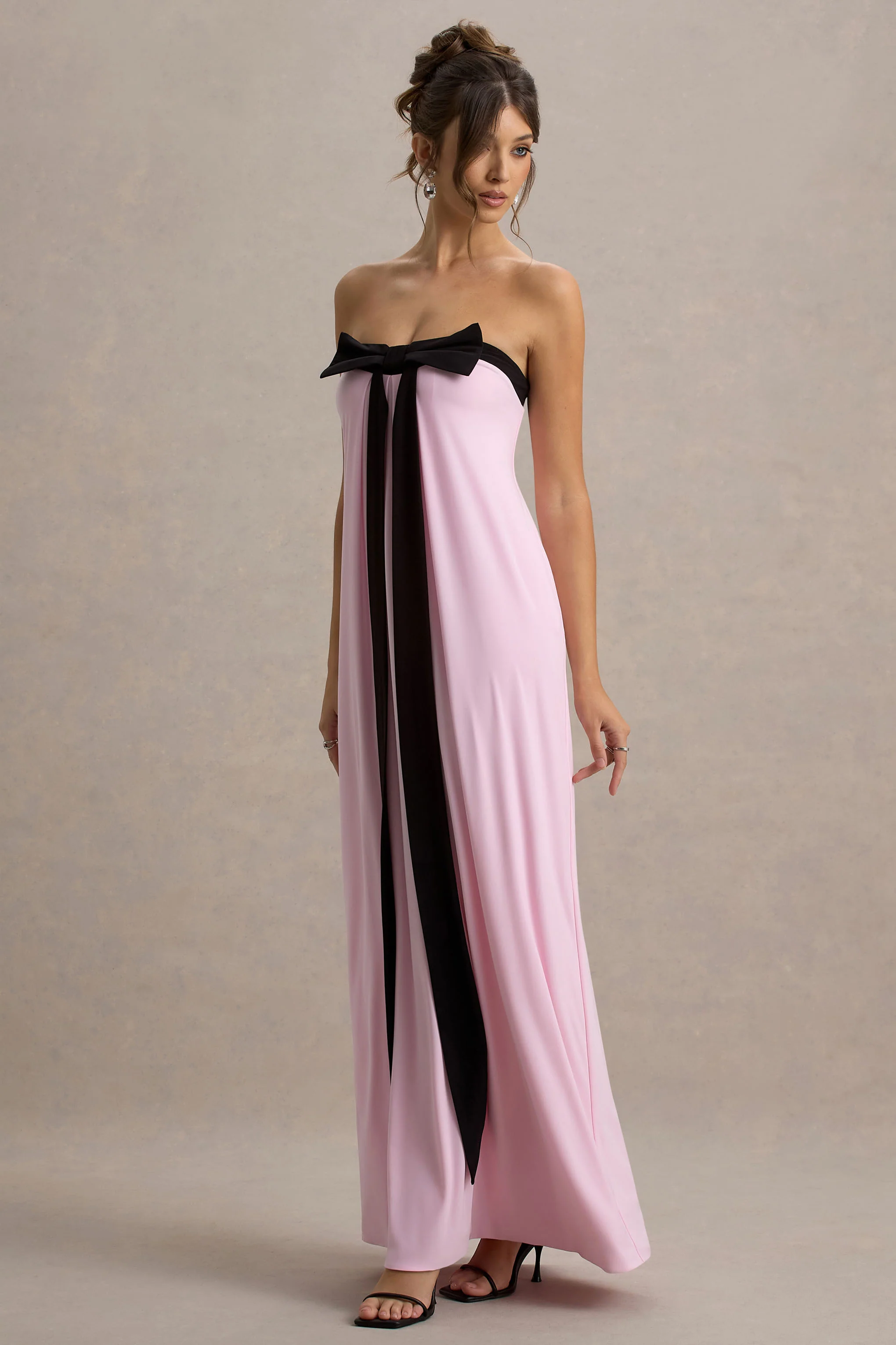 Mckenna | Pink Strapless Maxi Dress With Black Bow