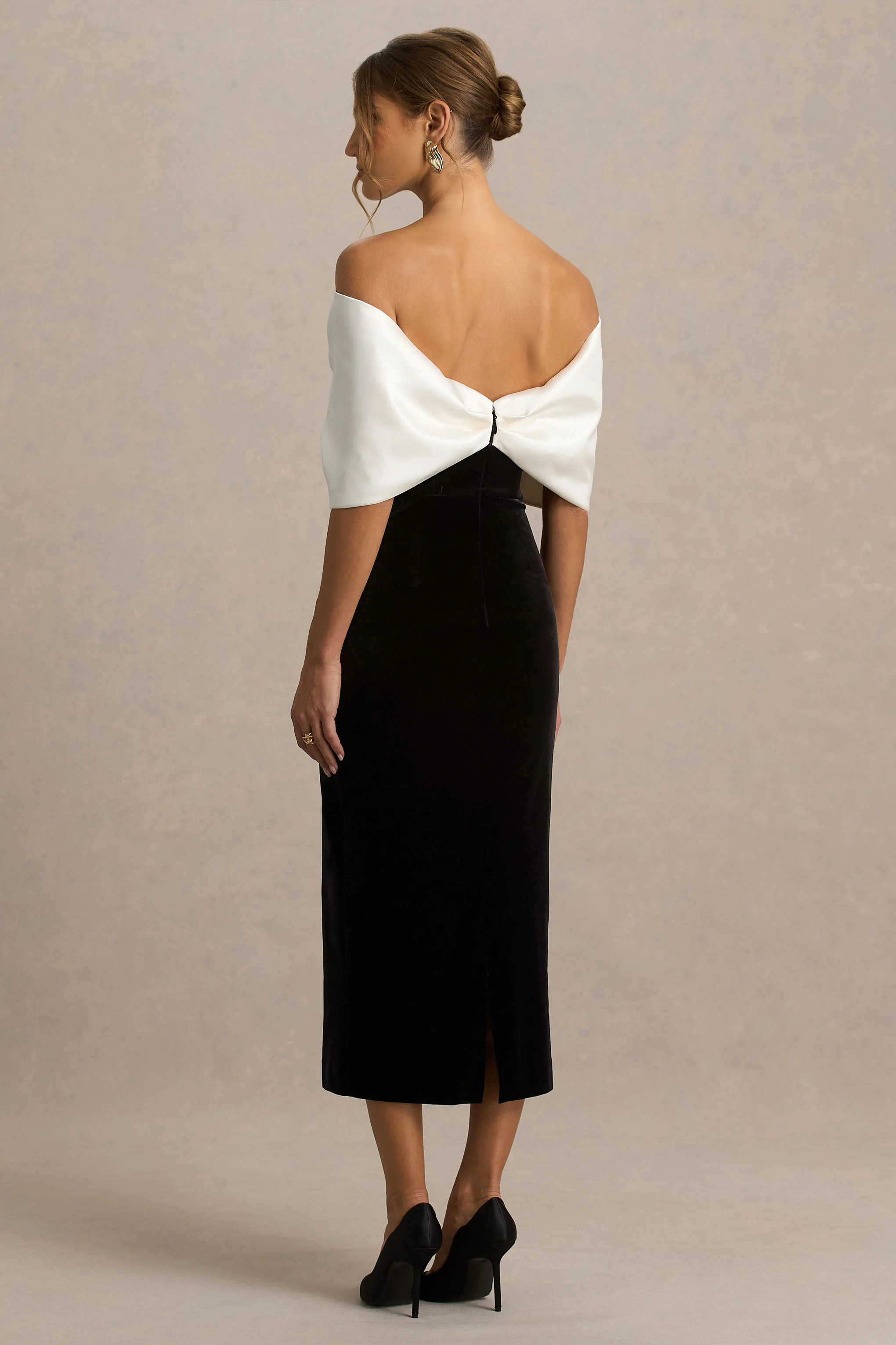 Twilight | Black And White Velvet Bardot-Neck Midi Dress With Oversized Bow