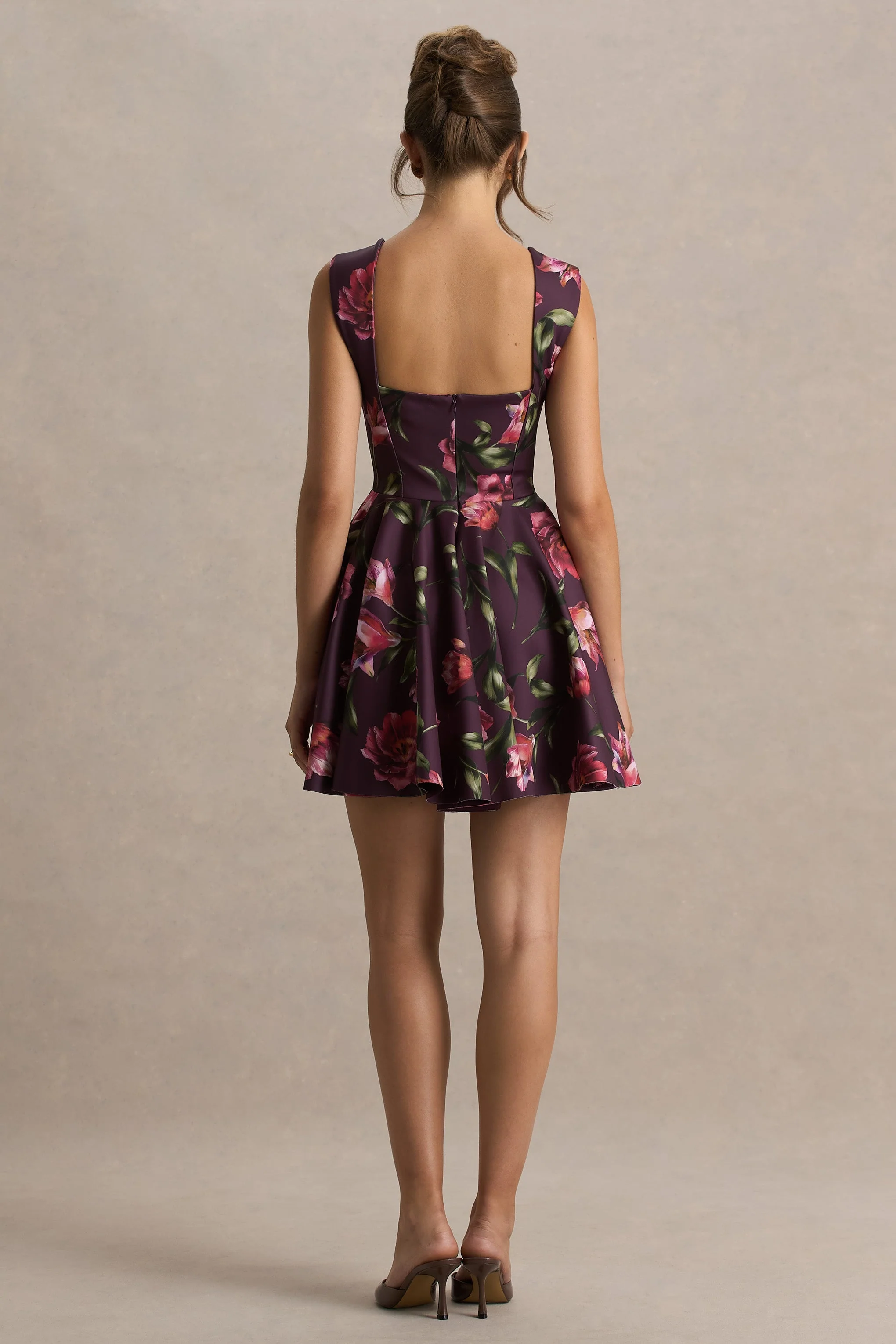 Magic | Burgundy Floral Print Sweetheart-Neck Mini Dress.