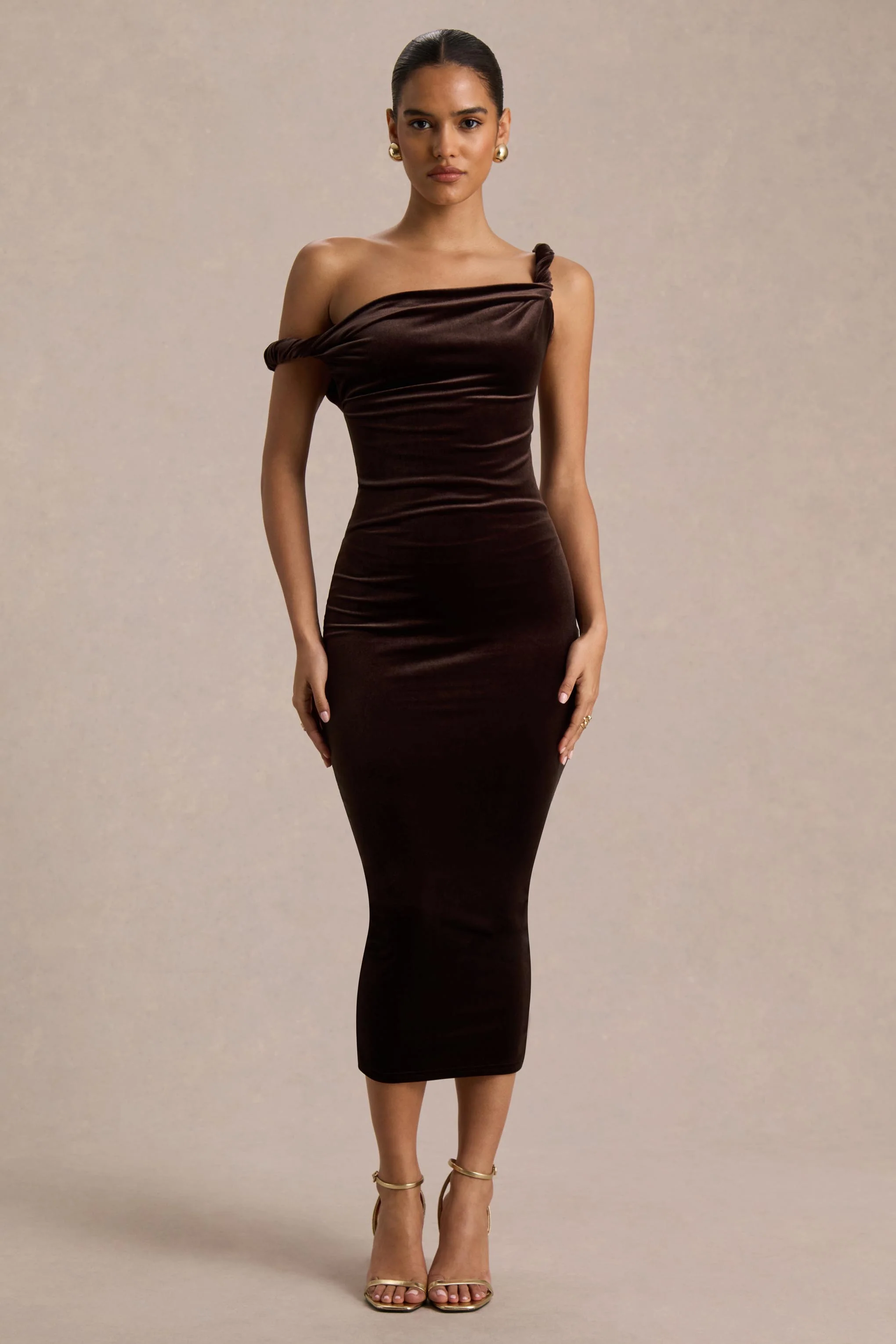Carella | Brown Velvet Twisted Asymmetric Midi Dress