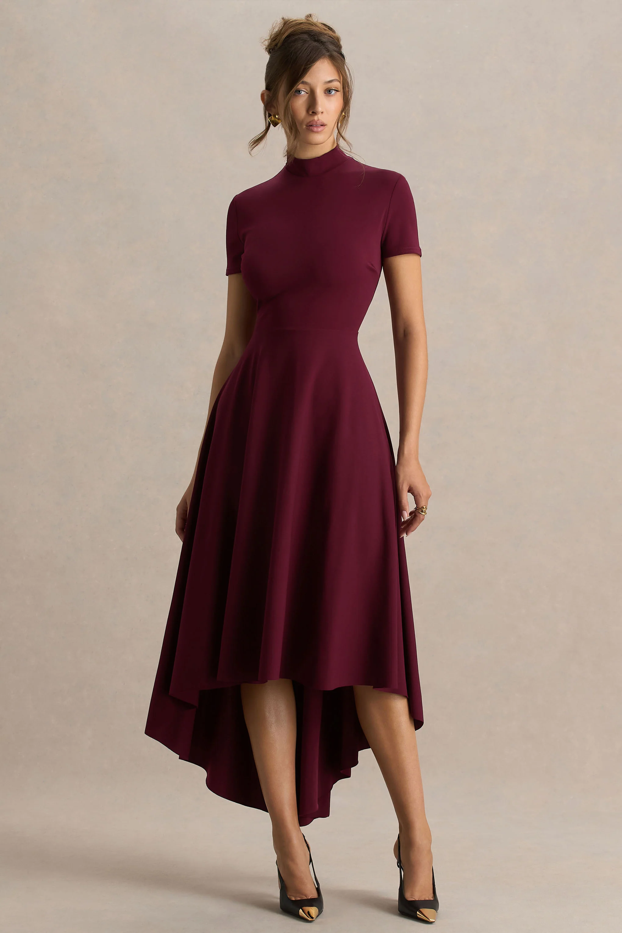 Bellona | Burgundy High-Neck High-Low Midi Dress