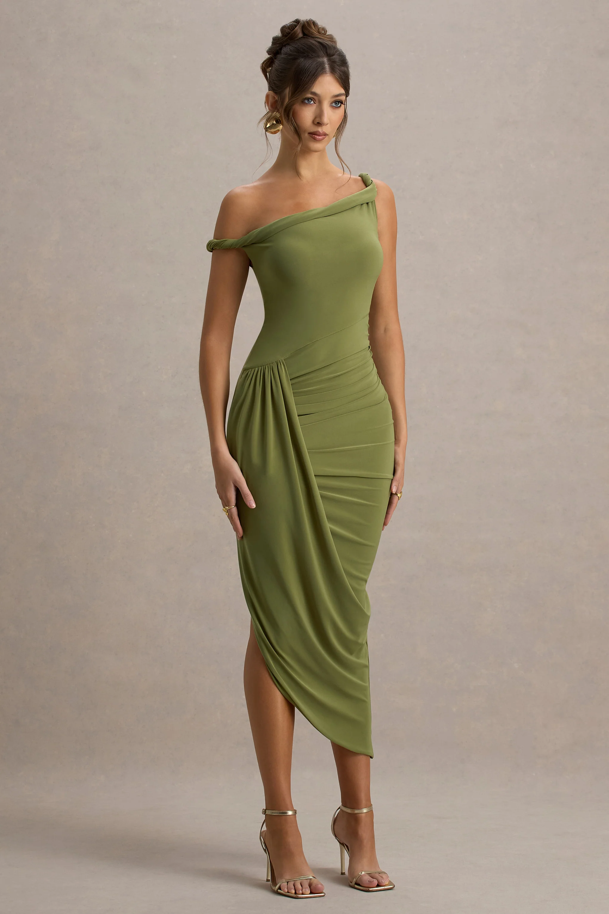 Angelique | Olive Green Twisted Asymmetric Maxi Dress