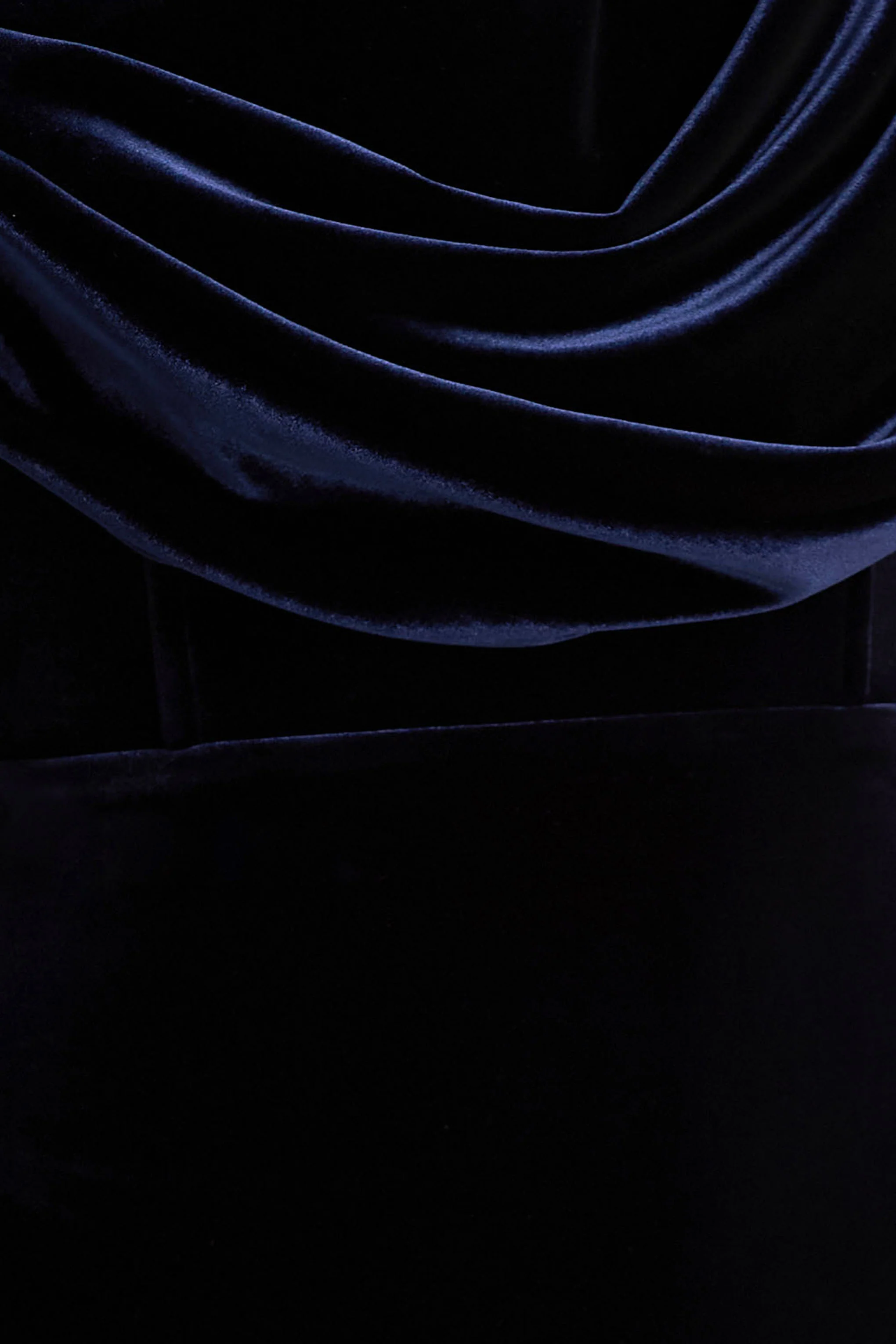 High End | Navy Velvet Asymmetric-Neck Midi Dress With Draped Detailing