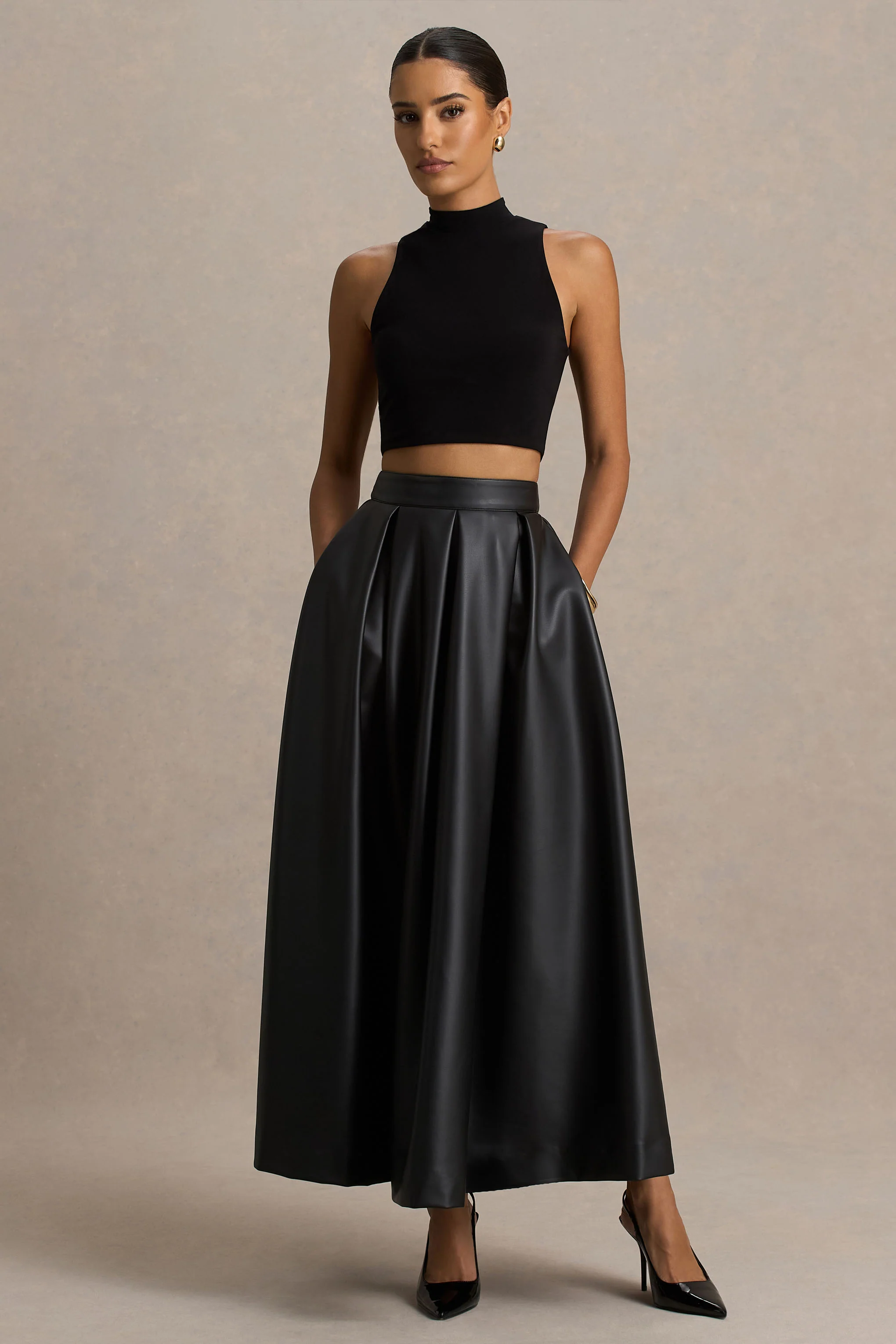 Noa | Black Faux Leather A-Line Midi Skirt