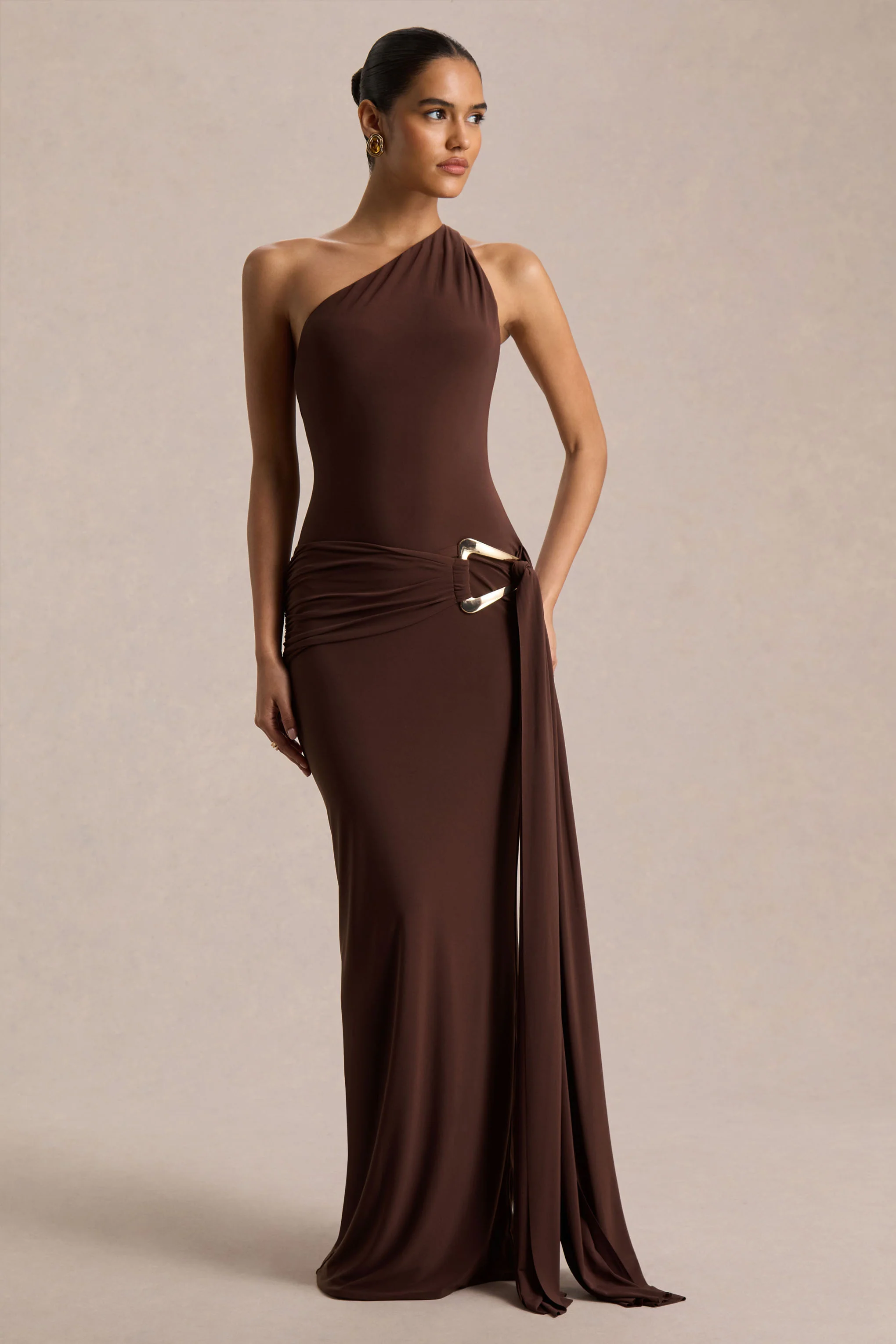 Bonnie | Brown Asymmetric-Neck Maxi Dress With Ruched-Detailing