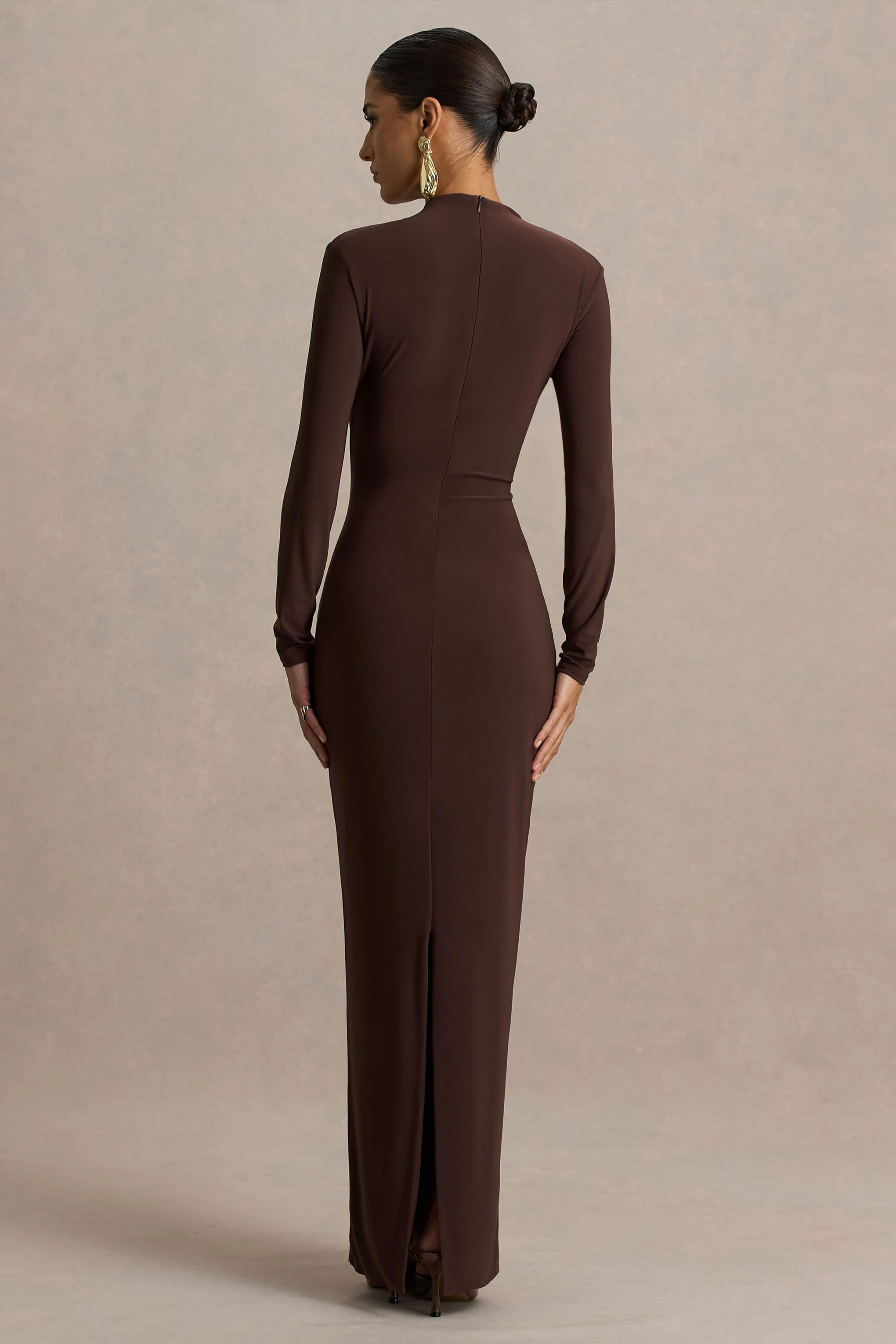 Zadie | Brown High-Neck Maxi Dress With Gathered-Detail