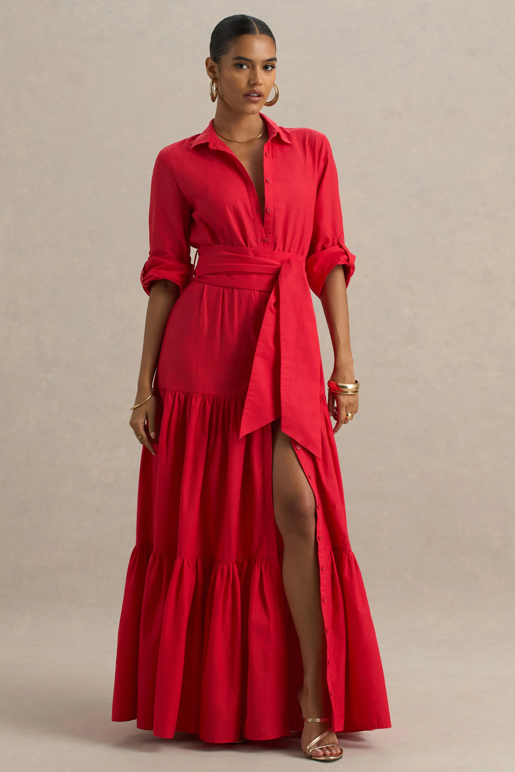 Sydney | Red Belted Maxi Shirt Dress
