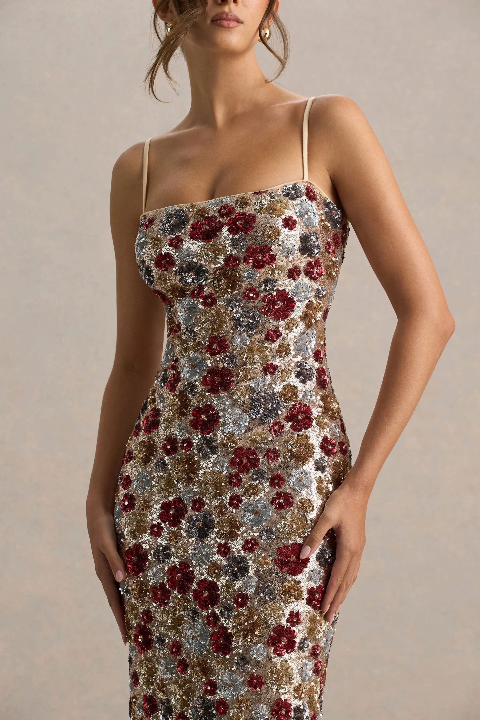 Vitora | Red Floral Sequin Square-Neck Maxi Dress